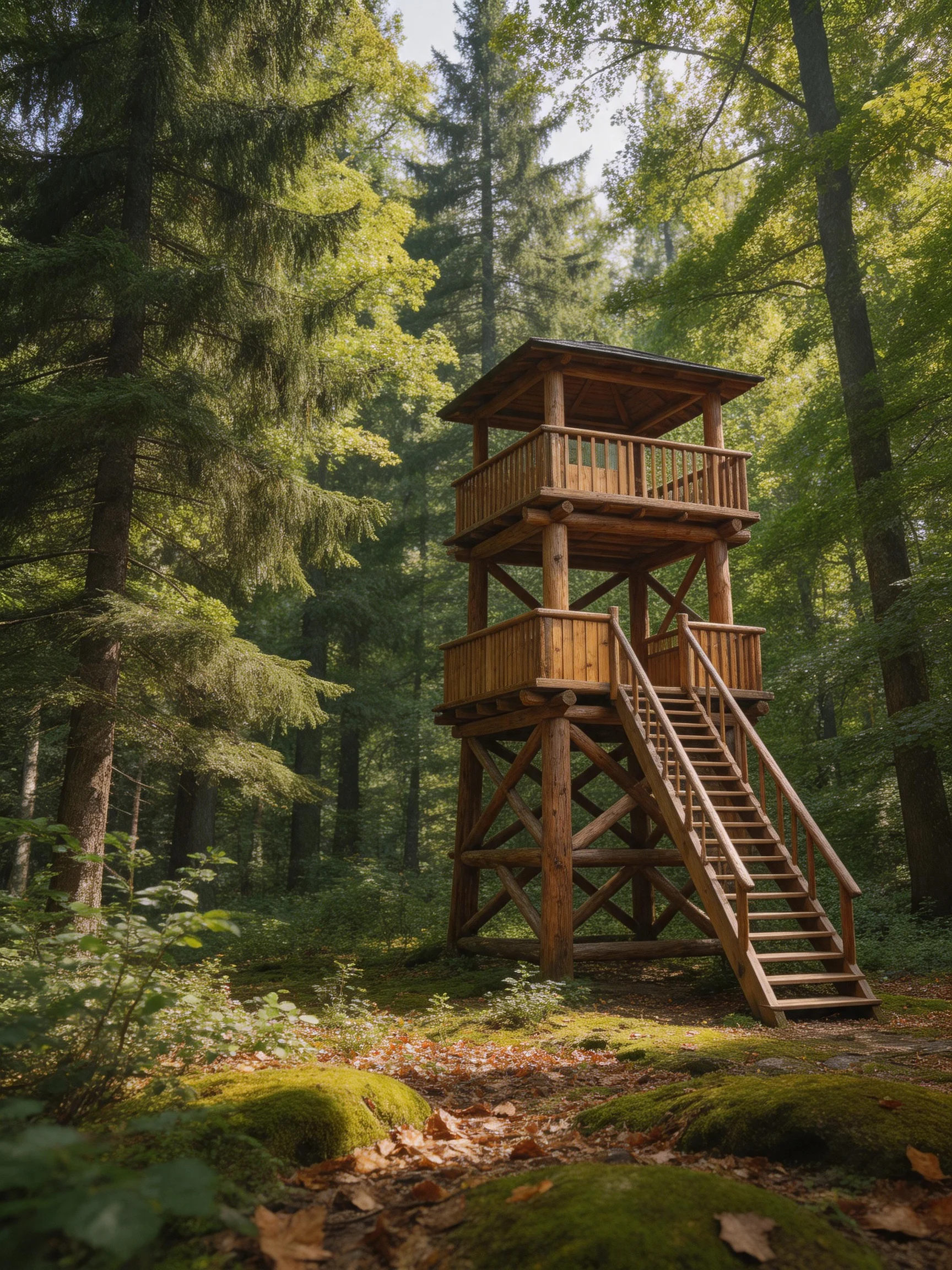 A two-story wooden observation tower in a lush green forest