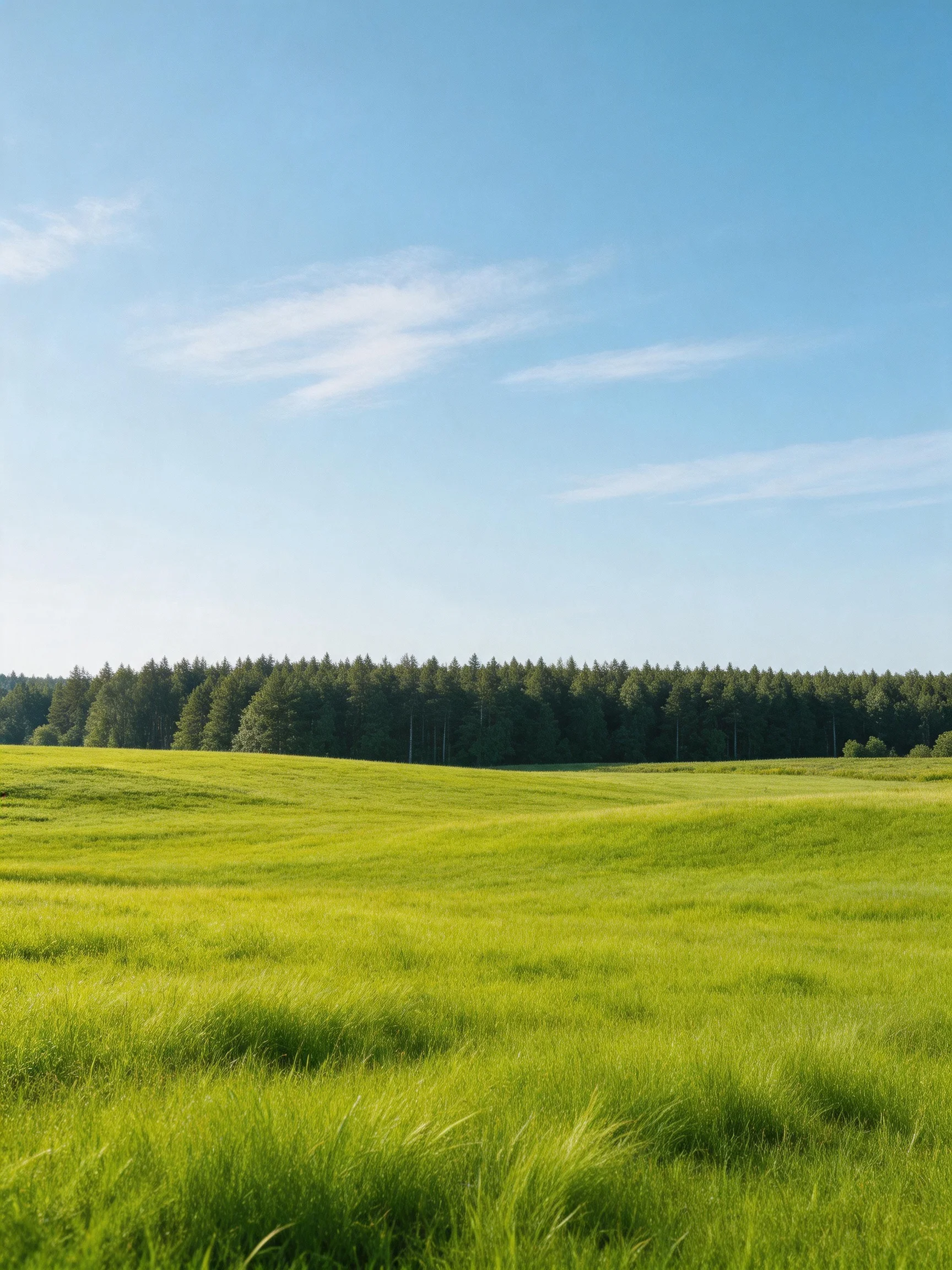 A vast green meadow with a dense forest backdrop under clear blue sky