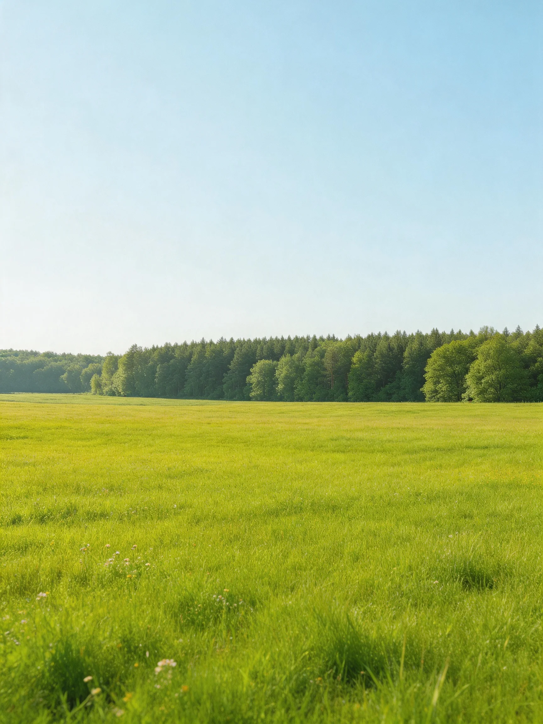 A vast green meadow with dense forest and clear blue sky