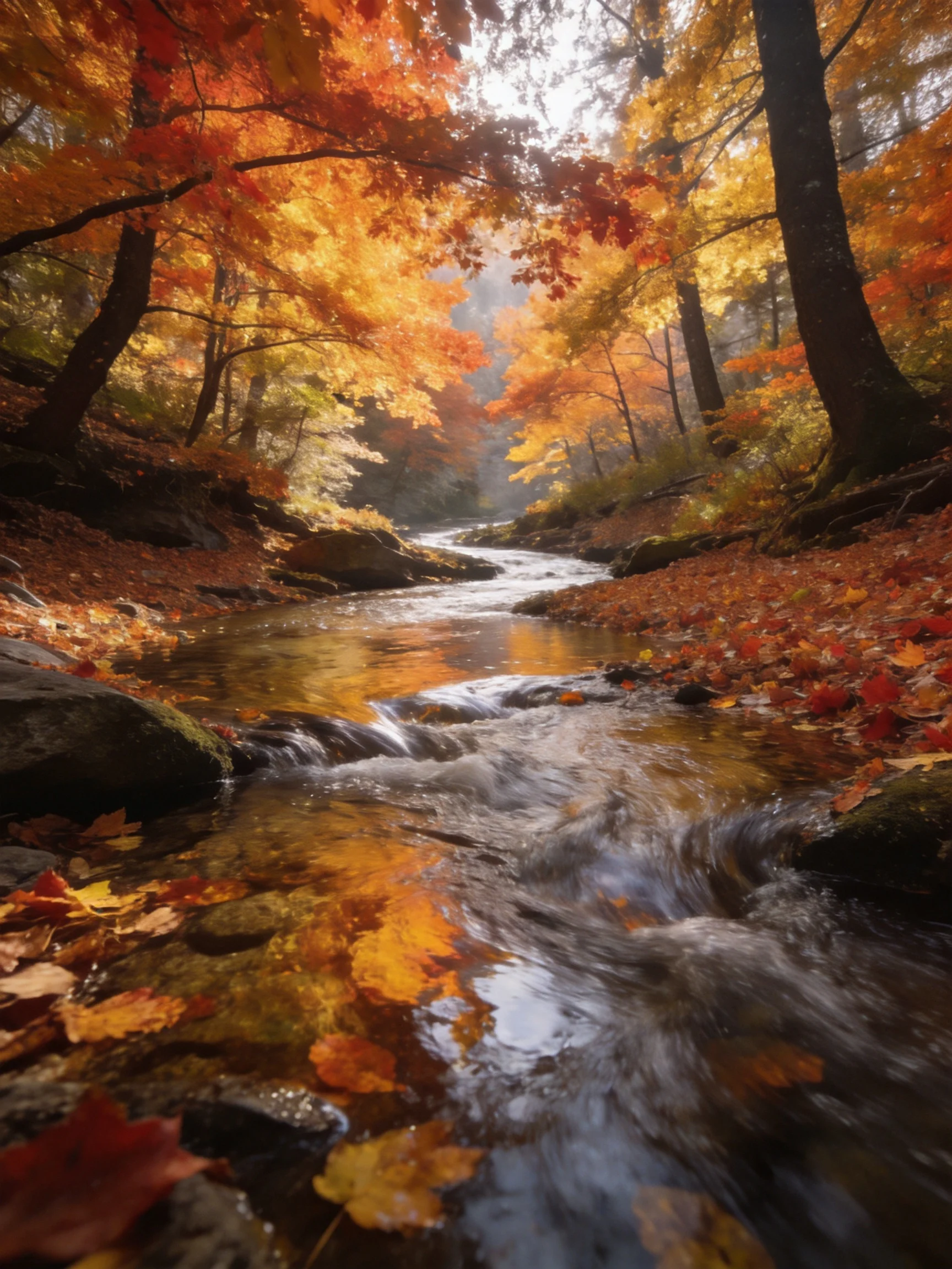 A vibrant autumn forest stream with golden and crimson foliage