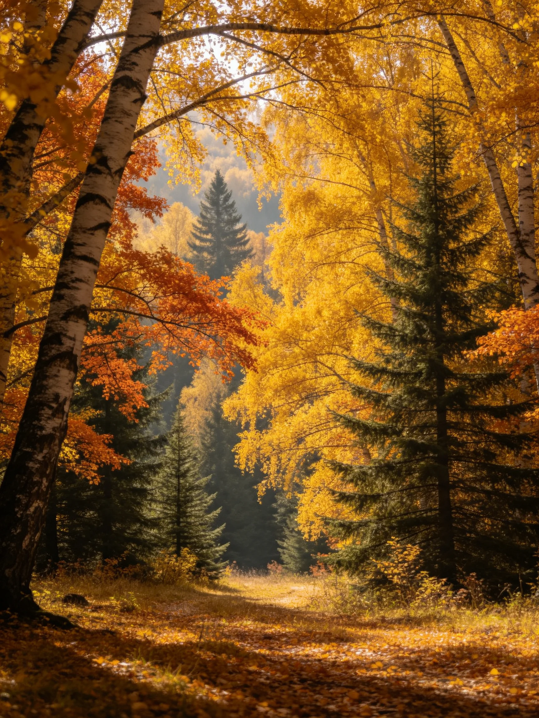 A vibrant autumn forest with golden birches and evergreens
