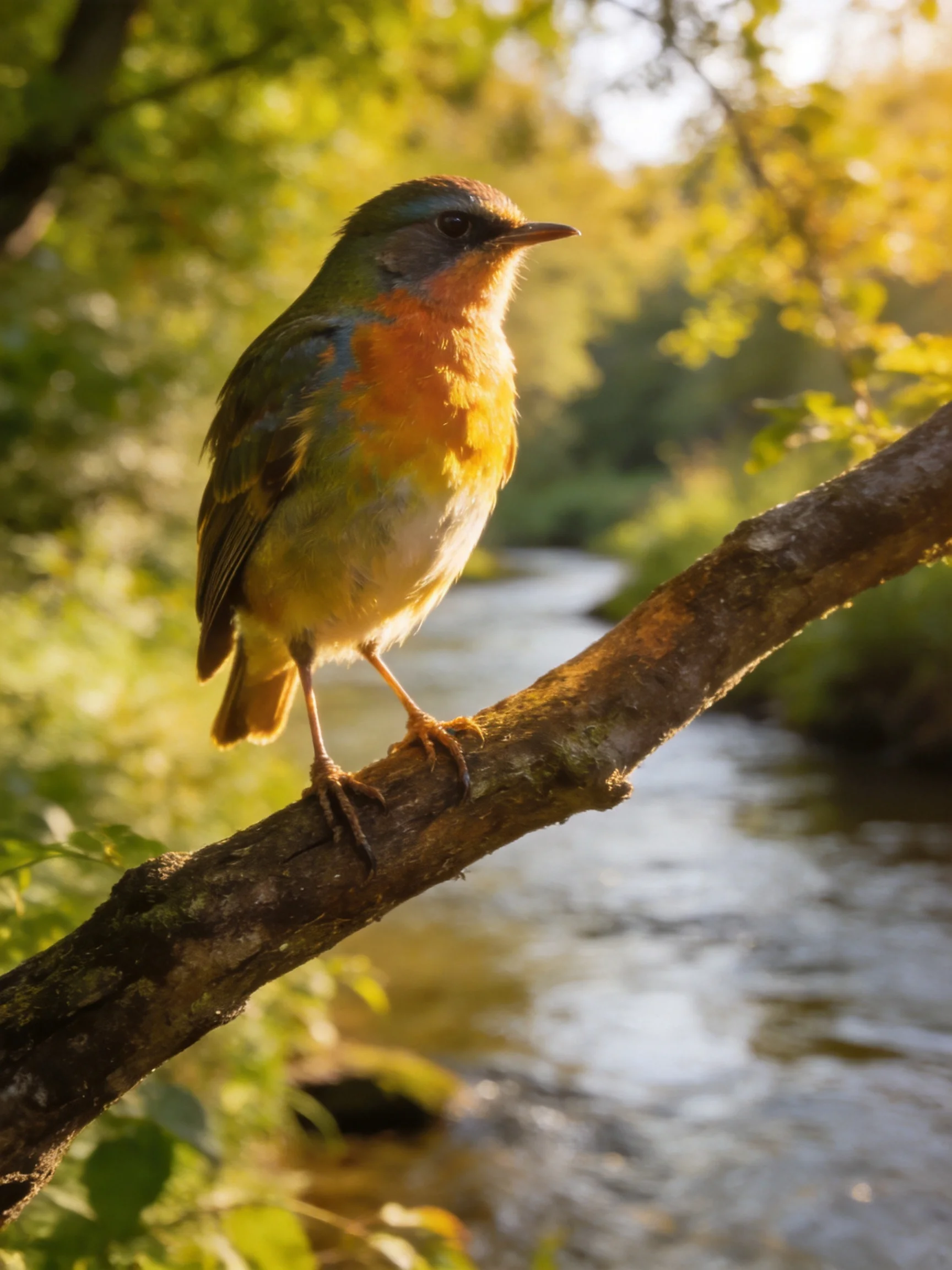 A vibrant bird rests on a moss-covered branch beside a calm stream