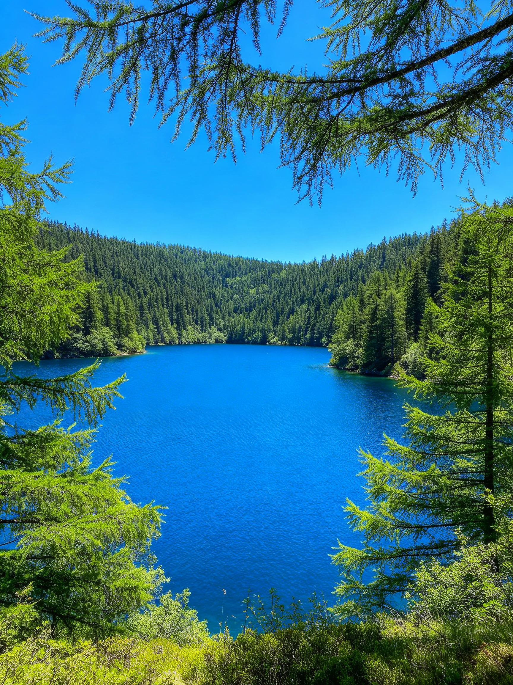 A vibrant blue lake surrounded by dense green forests