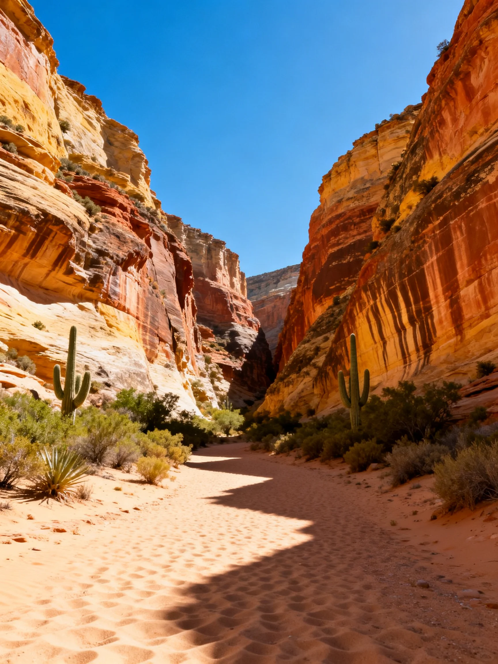 A vibrant desert canyon with layered red-orange rock walls