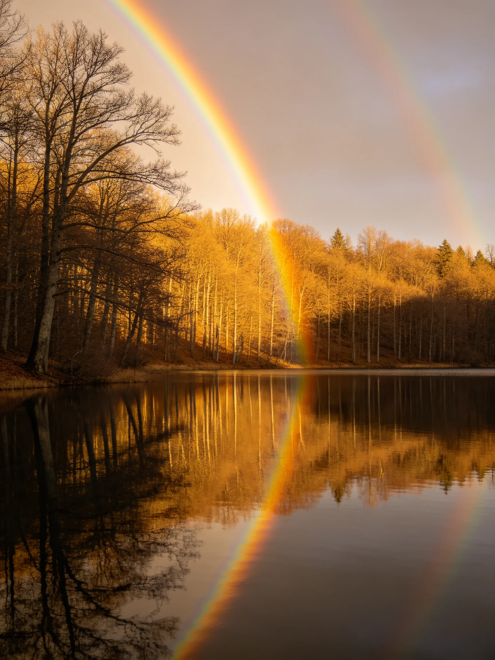 A vibrant double rainbow arches over a golden forest near a calm lake