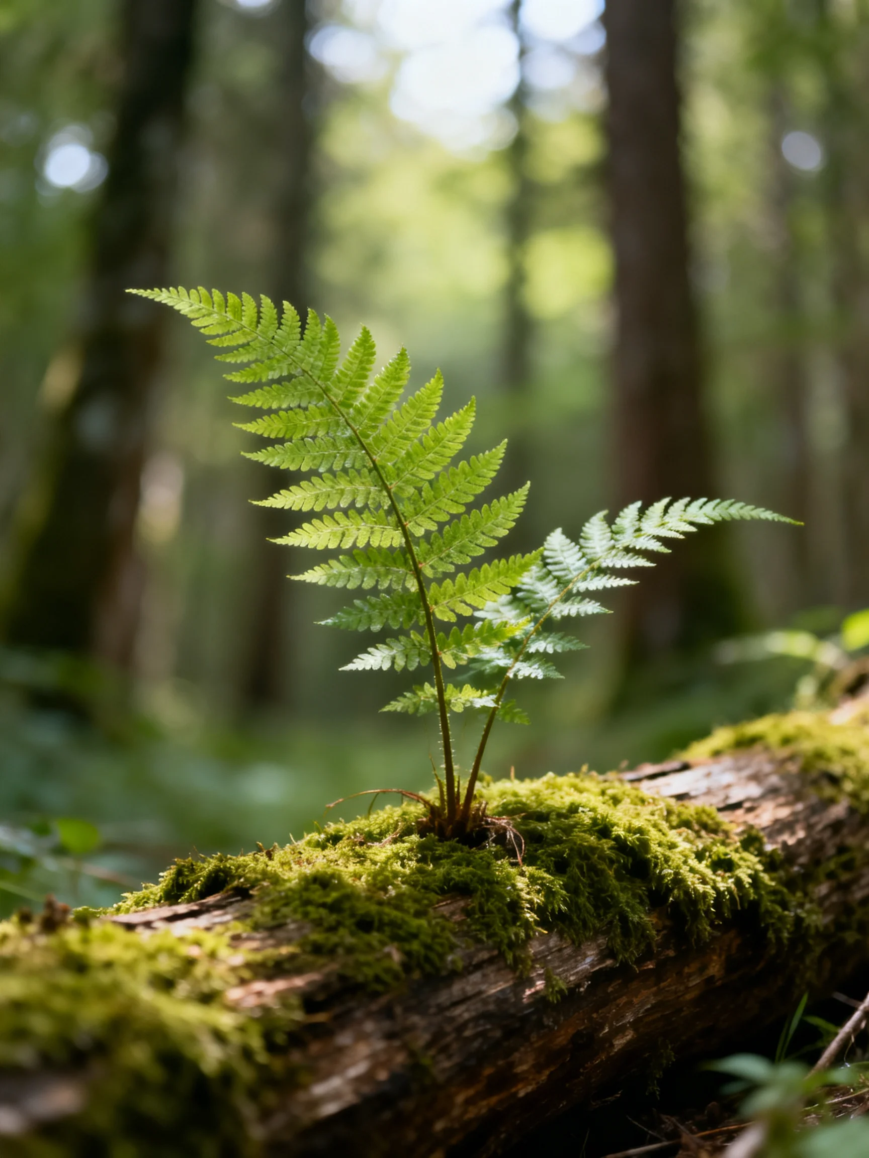 A vibrant fern grows on a mossy fallen log in a sun-dappled forest