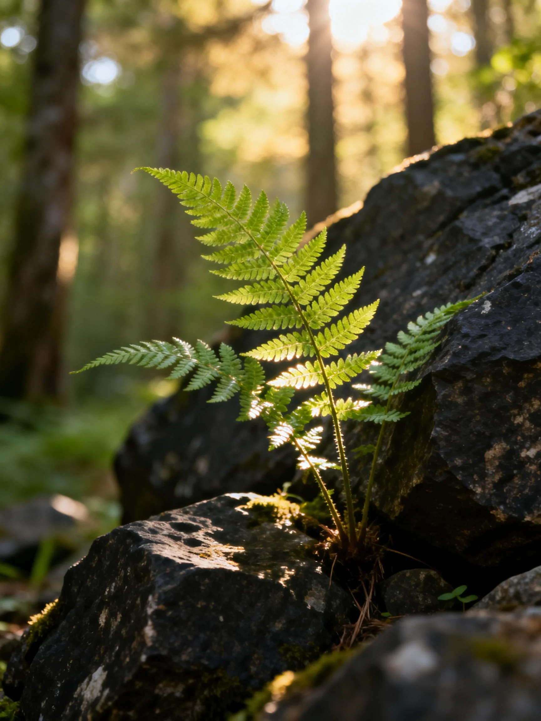 A vibrant green fern grows among dark rocky formations in a sunlit forest