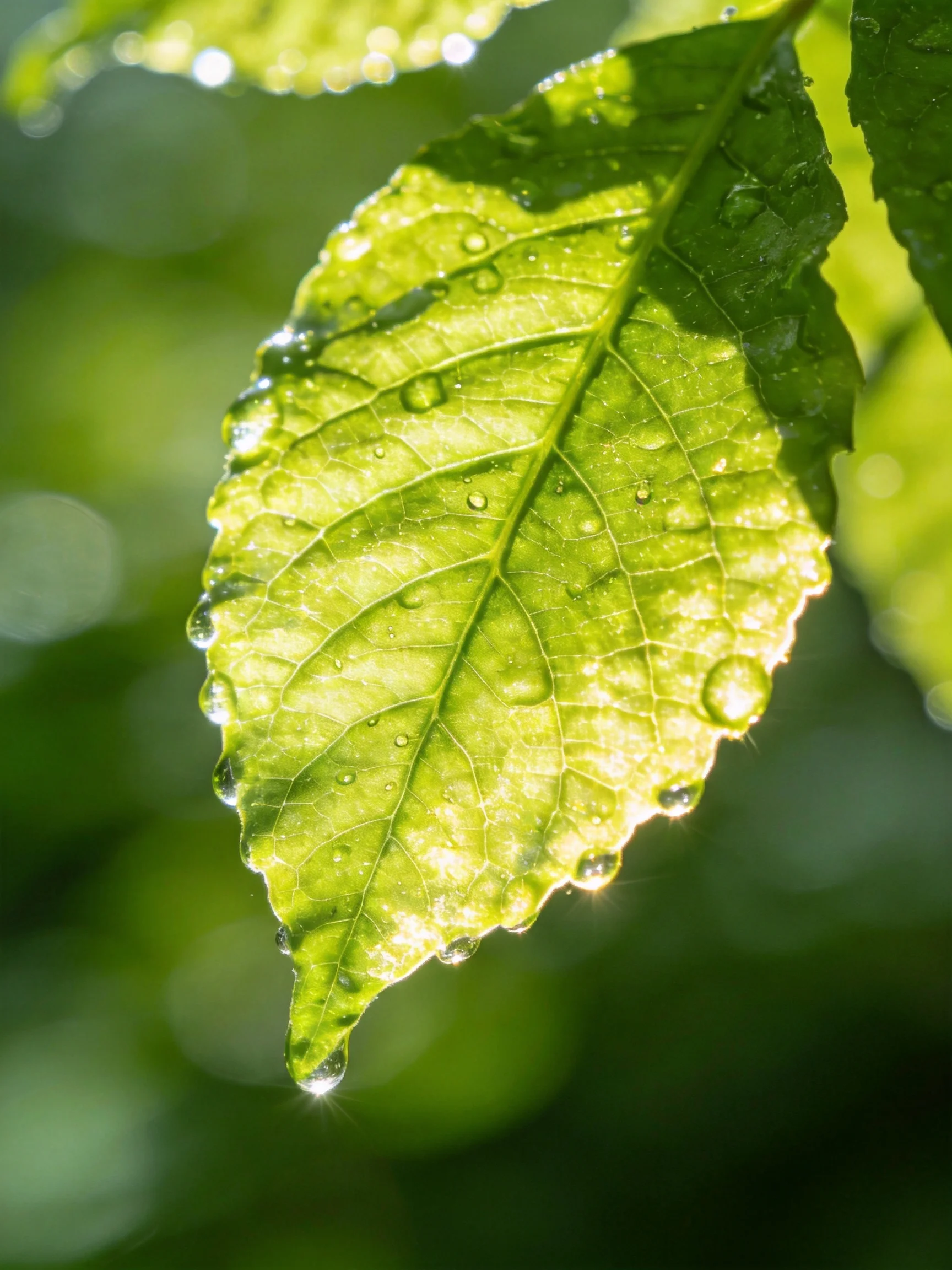 A vibrant green leaf with glistening water droplets