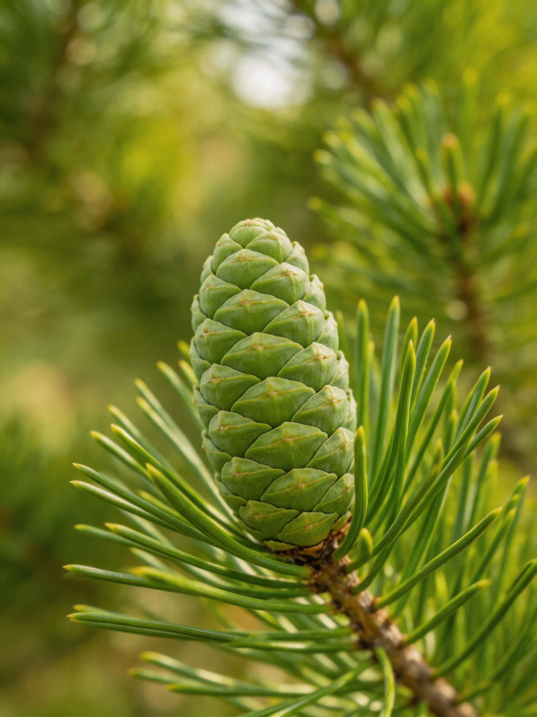 A vibrant green pine cone among slender, bright green needles
