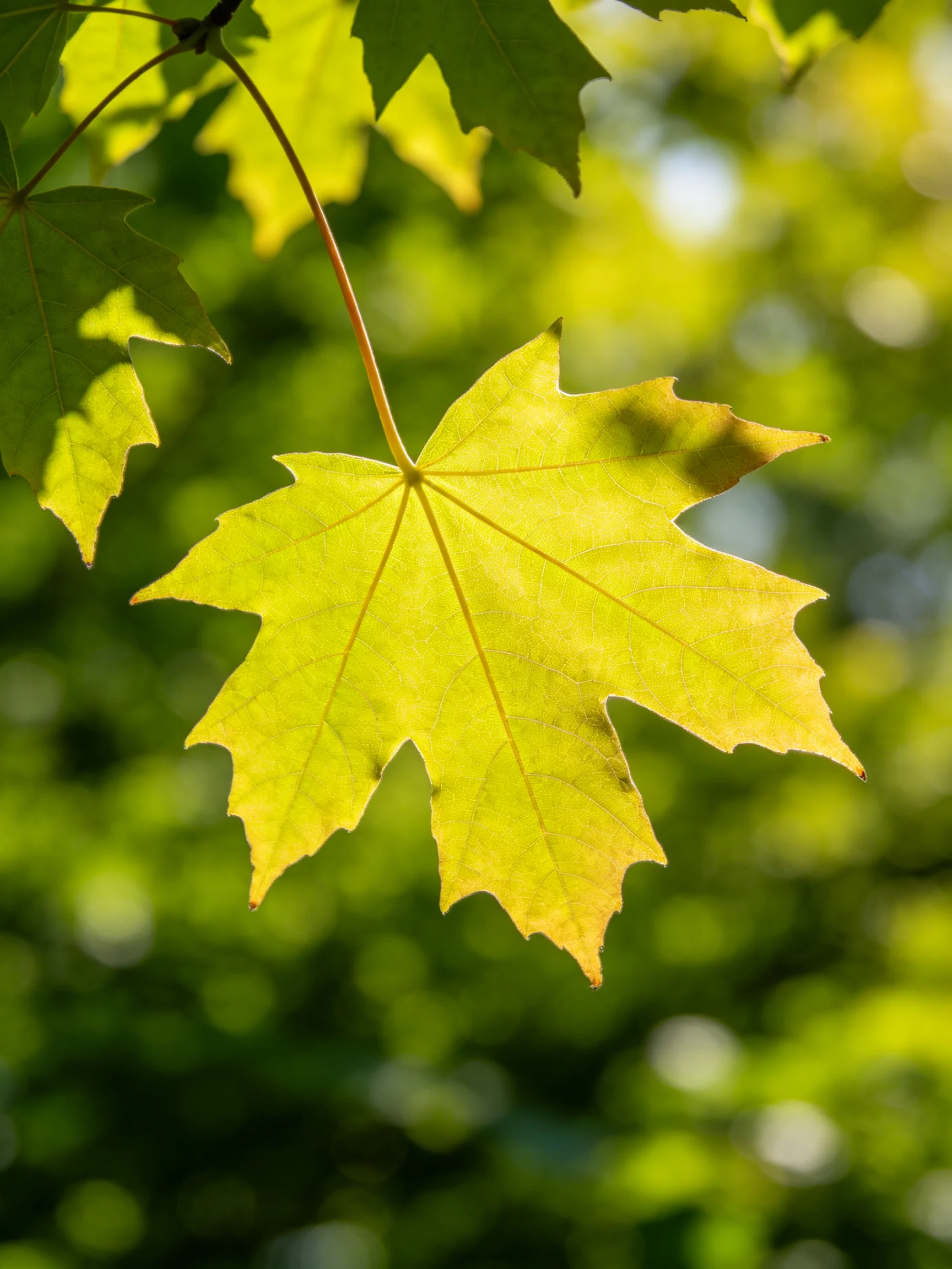 A vibrant maple leaf illuminated against lush green foliage