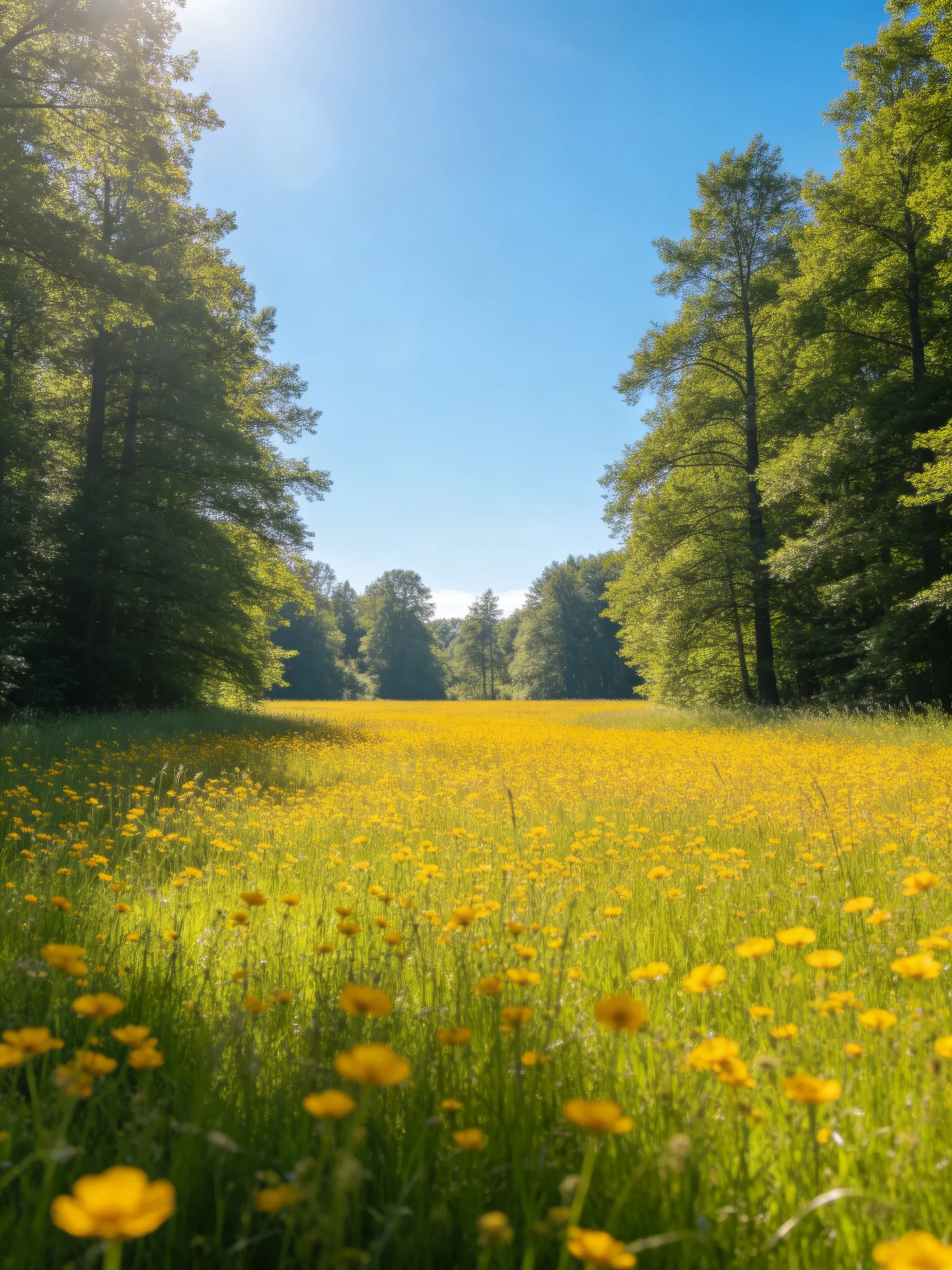 A vibrant meadow of yellow wildflowers bordered by lush green trees
