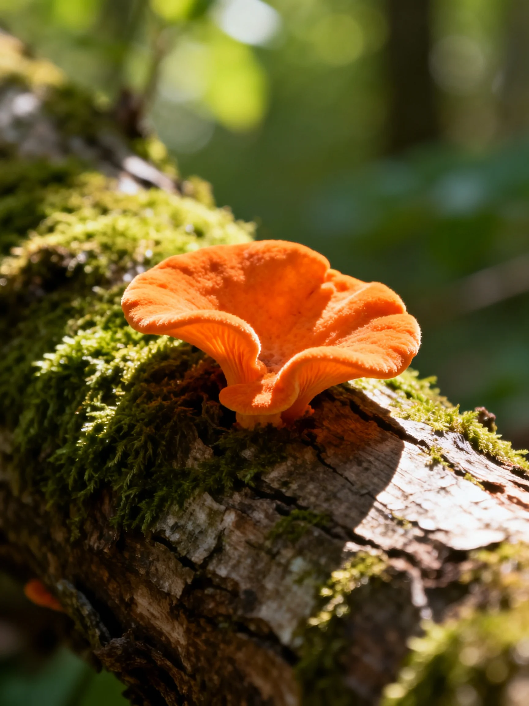 A vibrant orange fungus grows on a moss-covered tree trunk