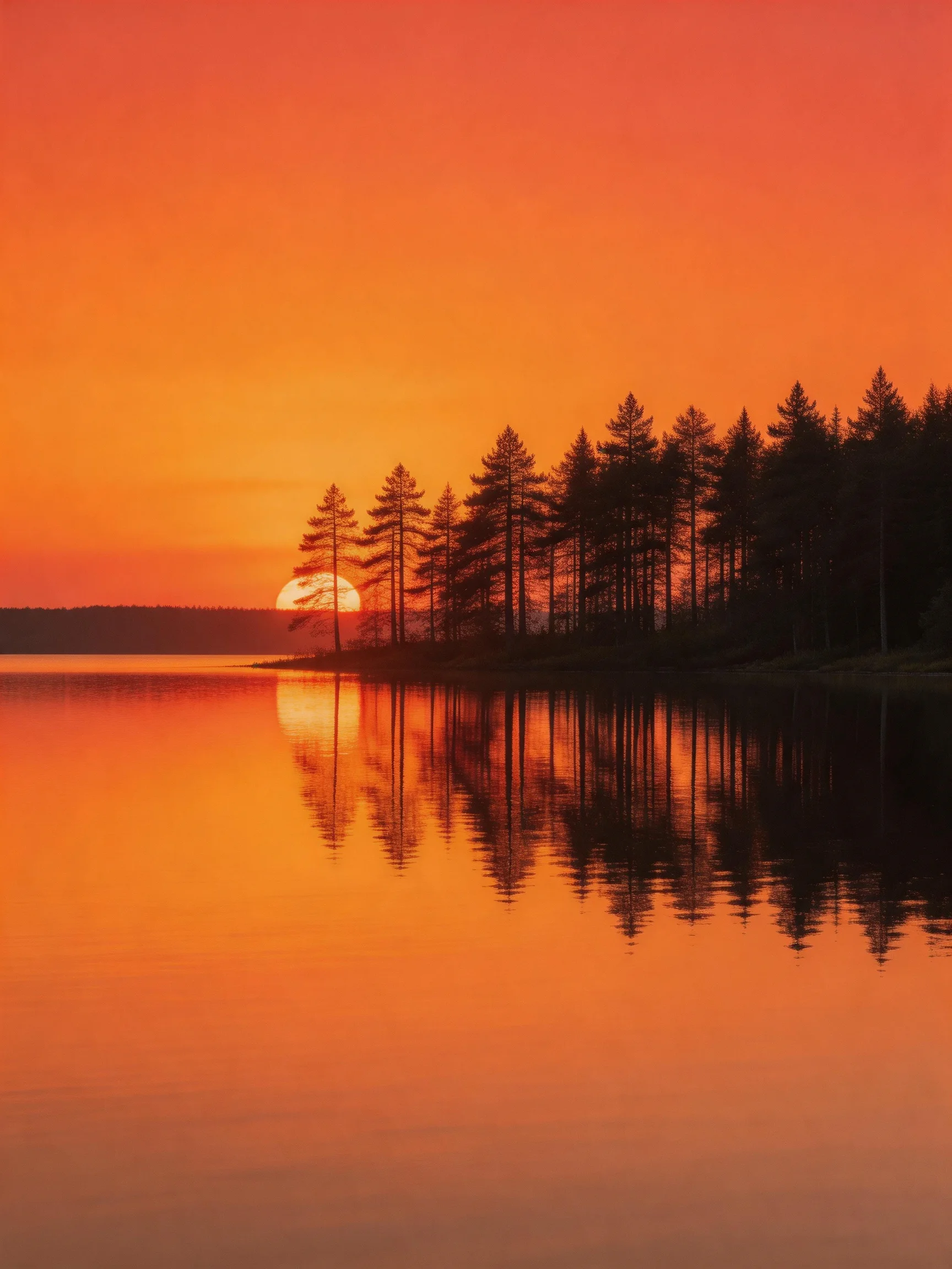 A vibrant orange sunset over calm waters with silhouetted pine trees