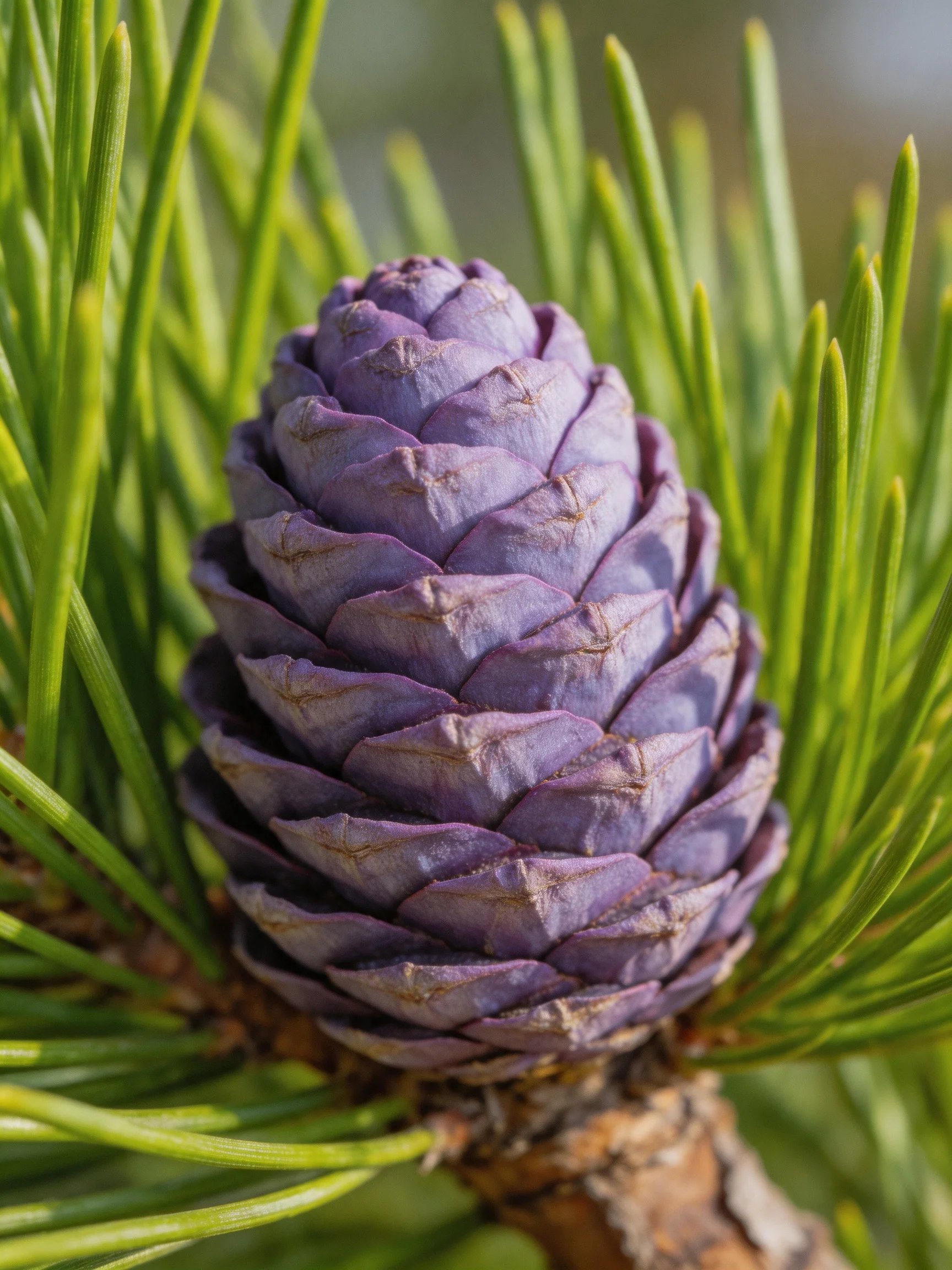 A vibrant purple pine cone surrounded by lush green pine needles
