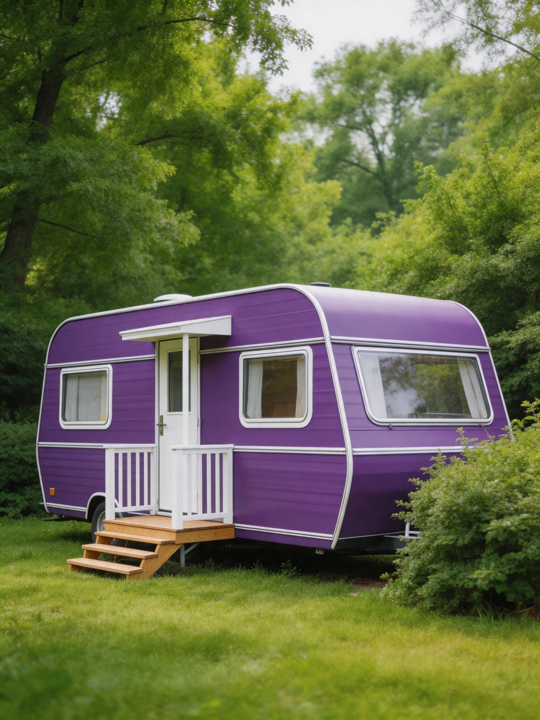 A vibrant purple vintage trailer nestled among lush green trees