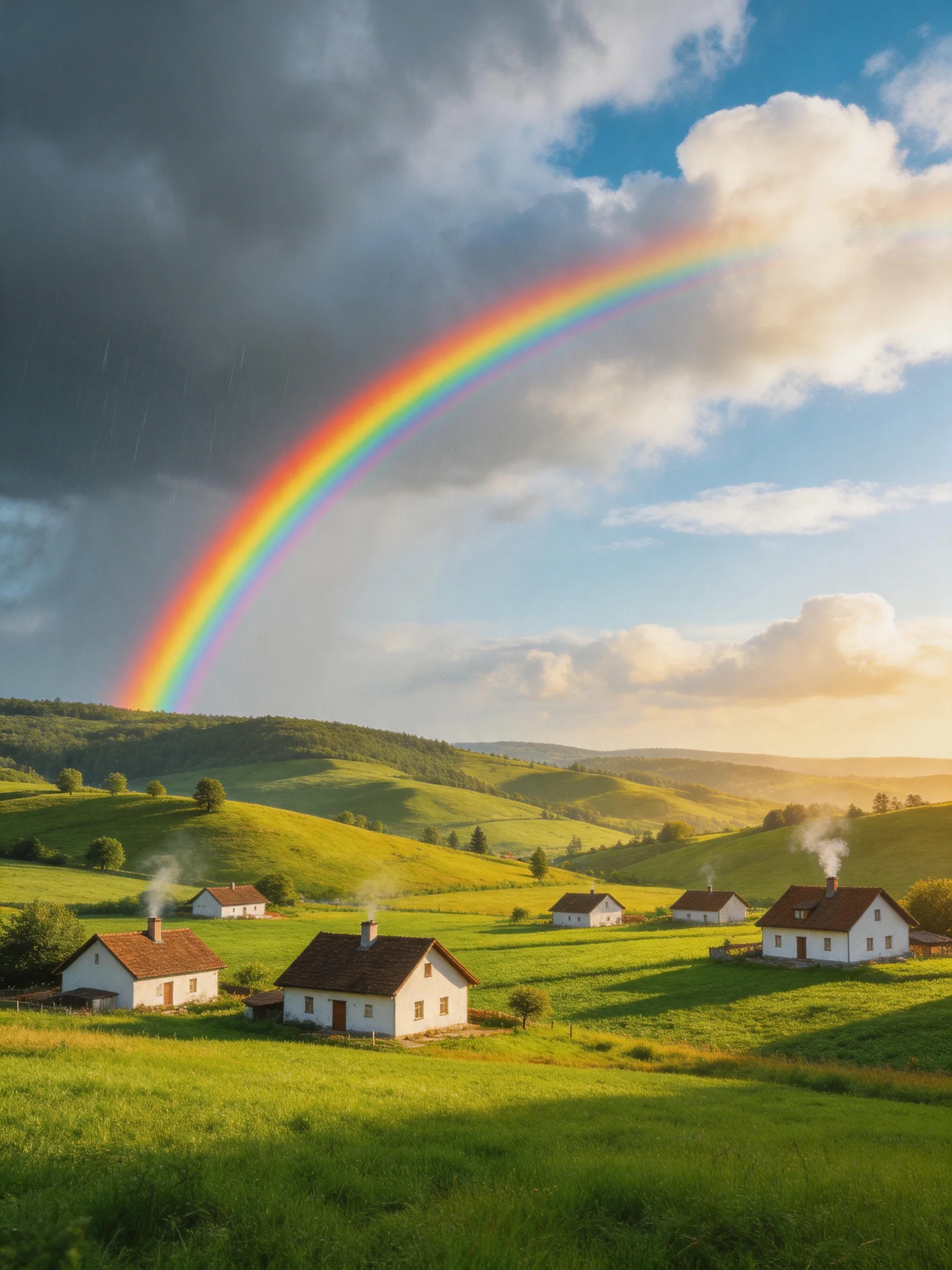 A vibrant rainbow arches over a quaint village with rolling green hills.