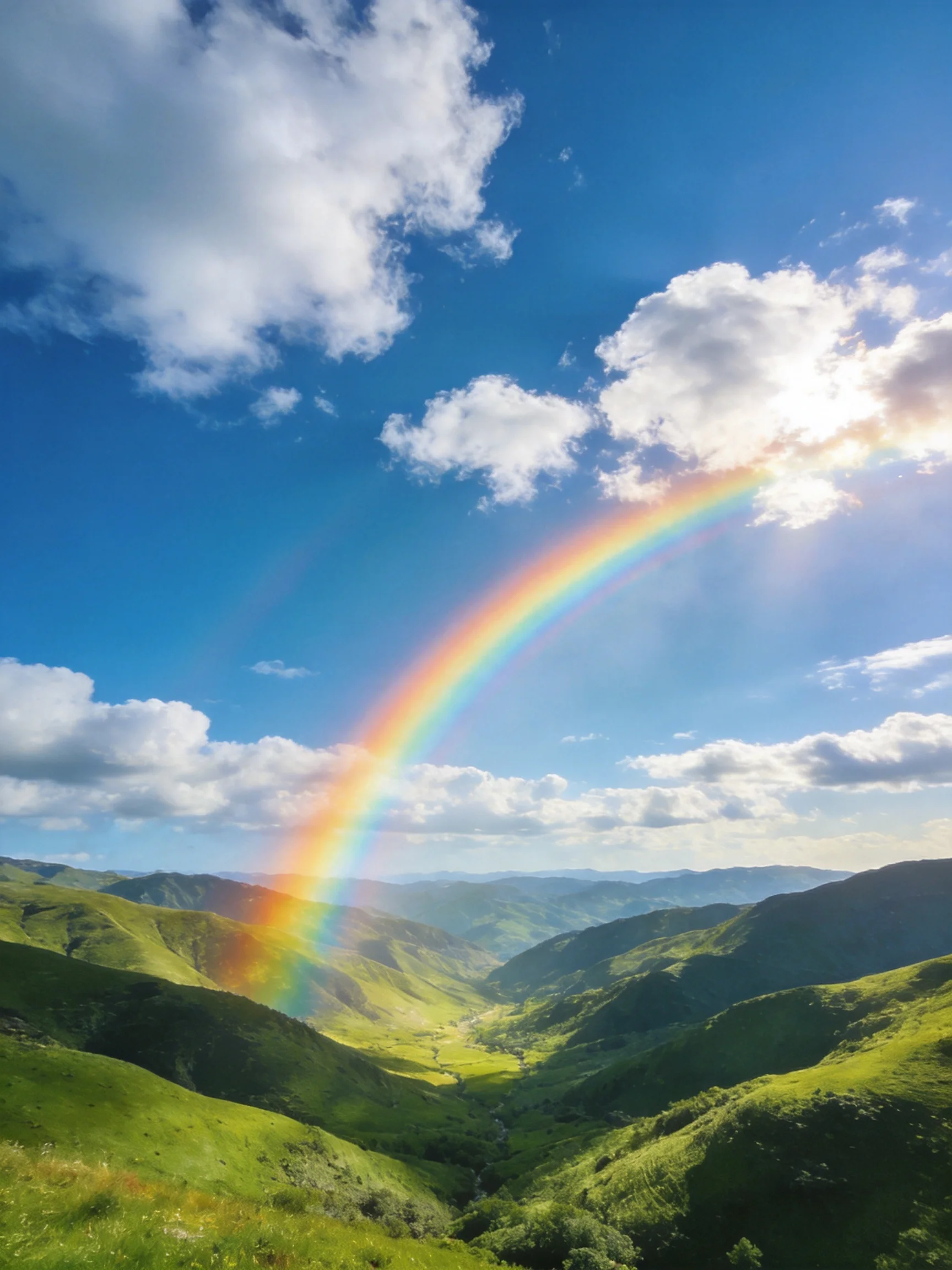 A vibrant rainbow spans lush green mountain valleys beneath bright blue skies