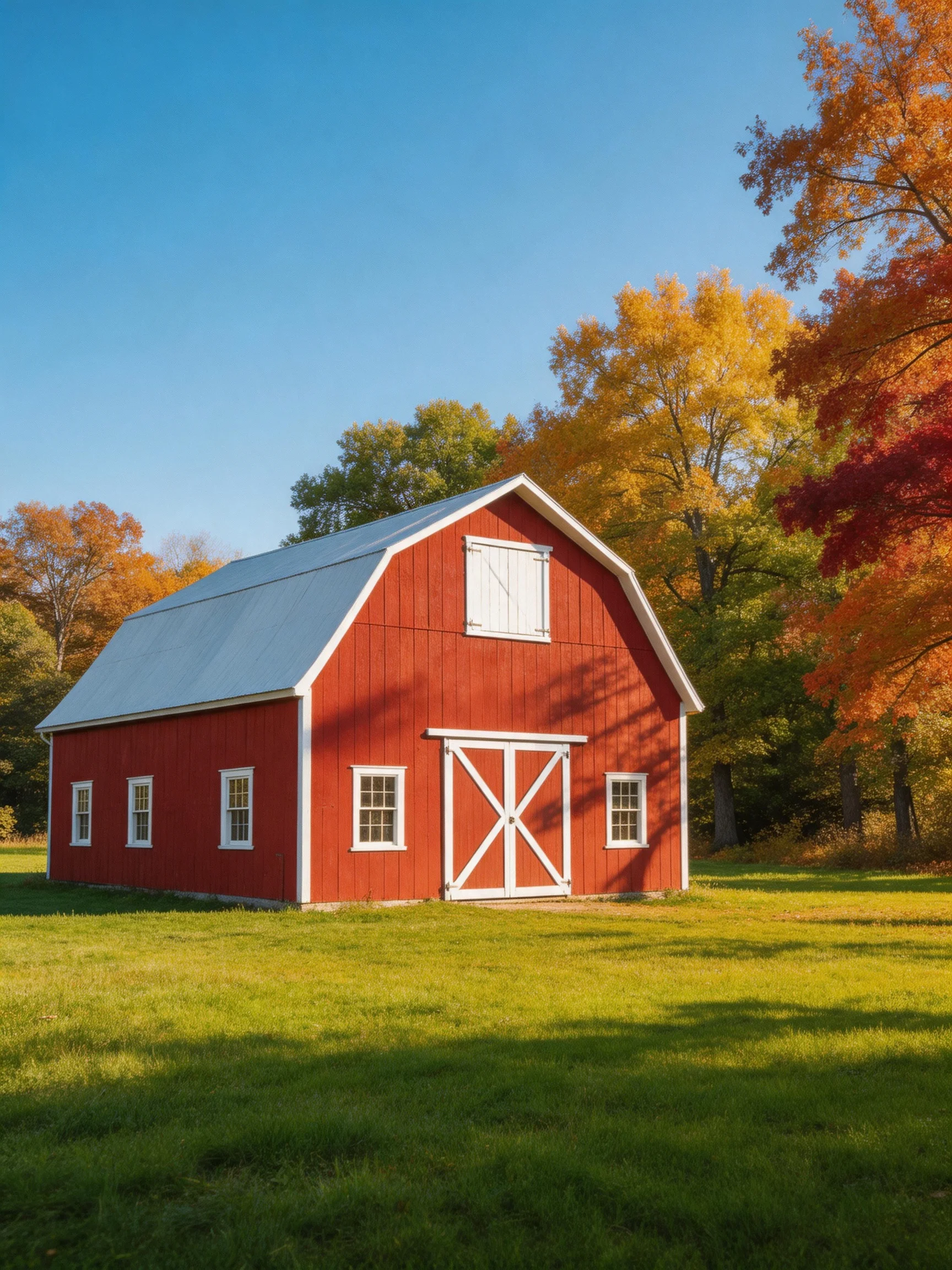 A vibrant red barn amidst colorful autumn trees under clear blue sky