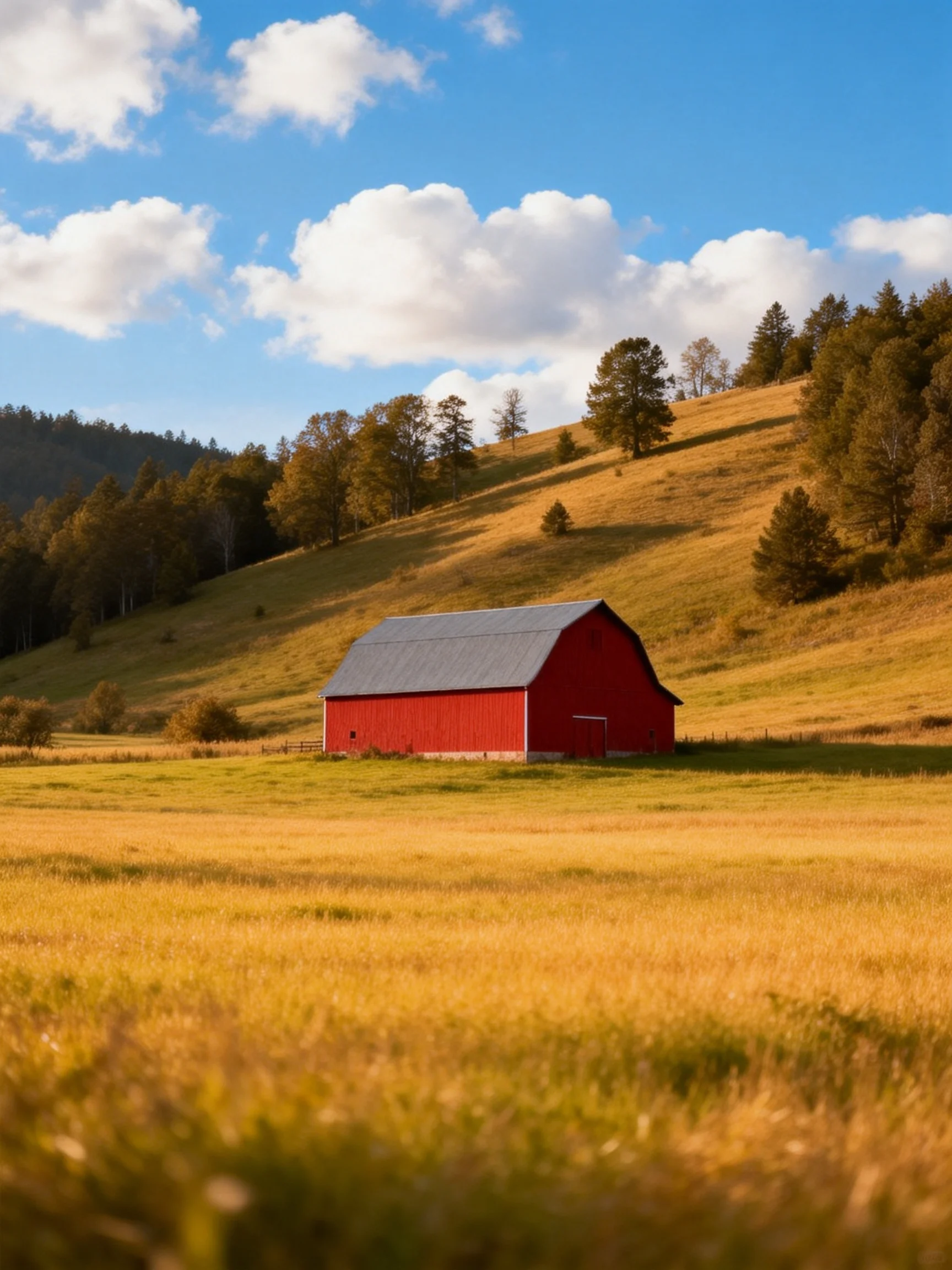 A vibrant red barn amidst golden fields and rolling hills