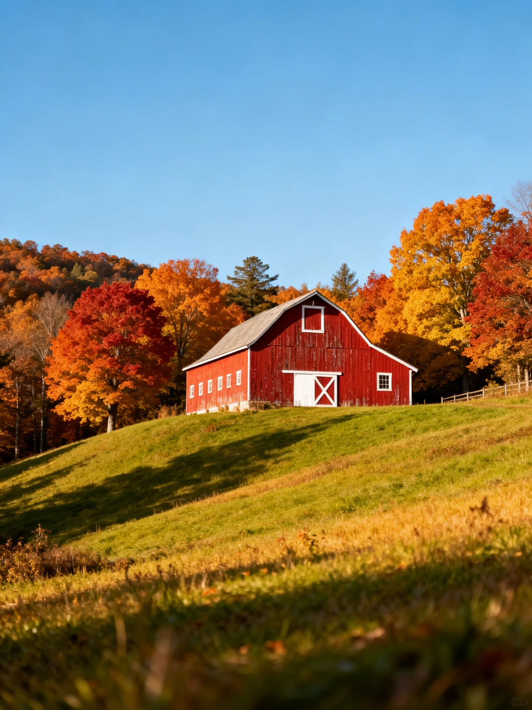 A vibrant red barn sits atop a grassy hill amid colorful fall foliage