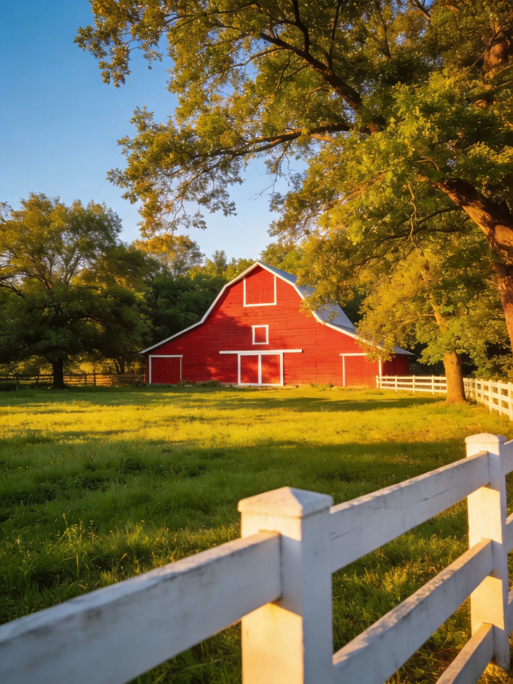 A vibrant red barn surrounded by green fields and white fences