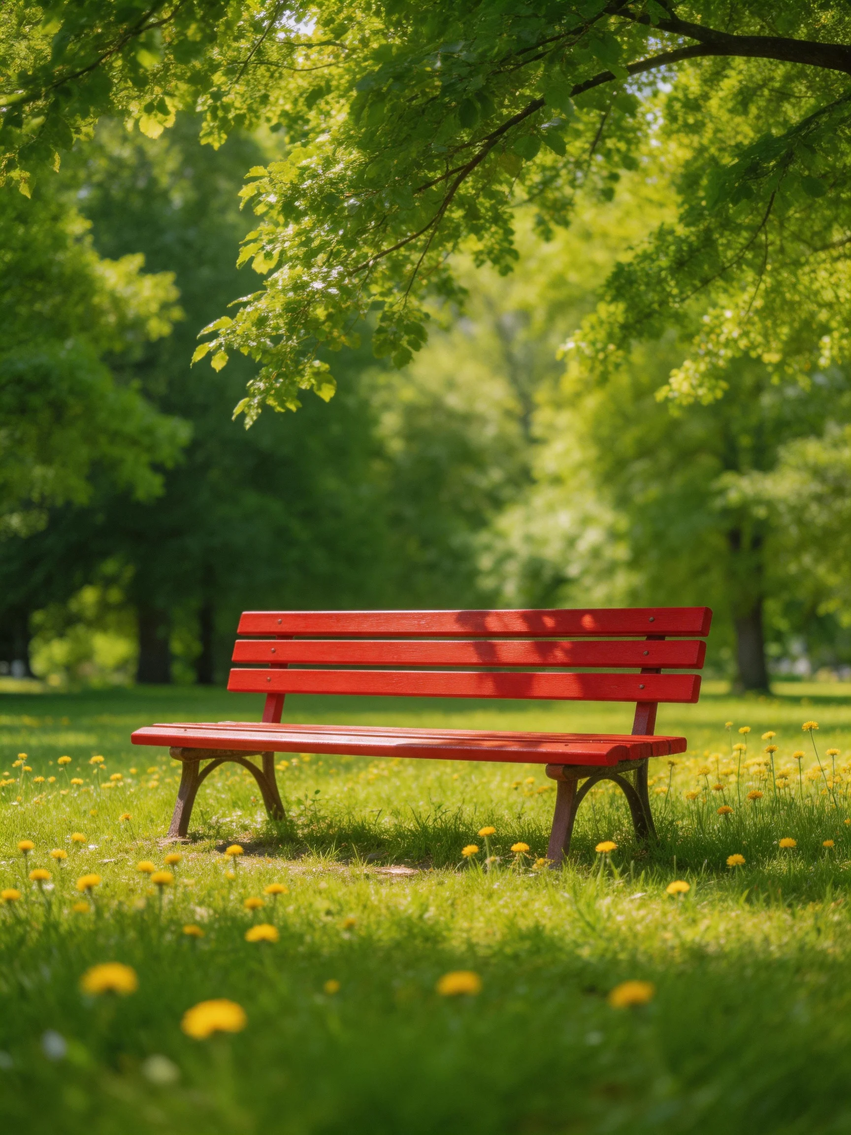 A vibrant red bench sits amid lush greenery and yellow wildflowers