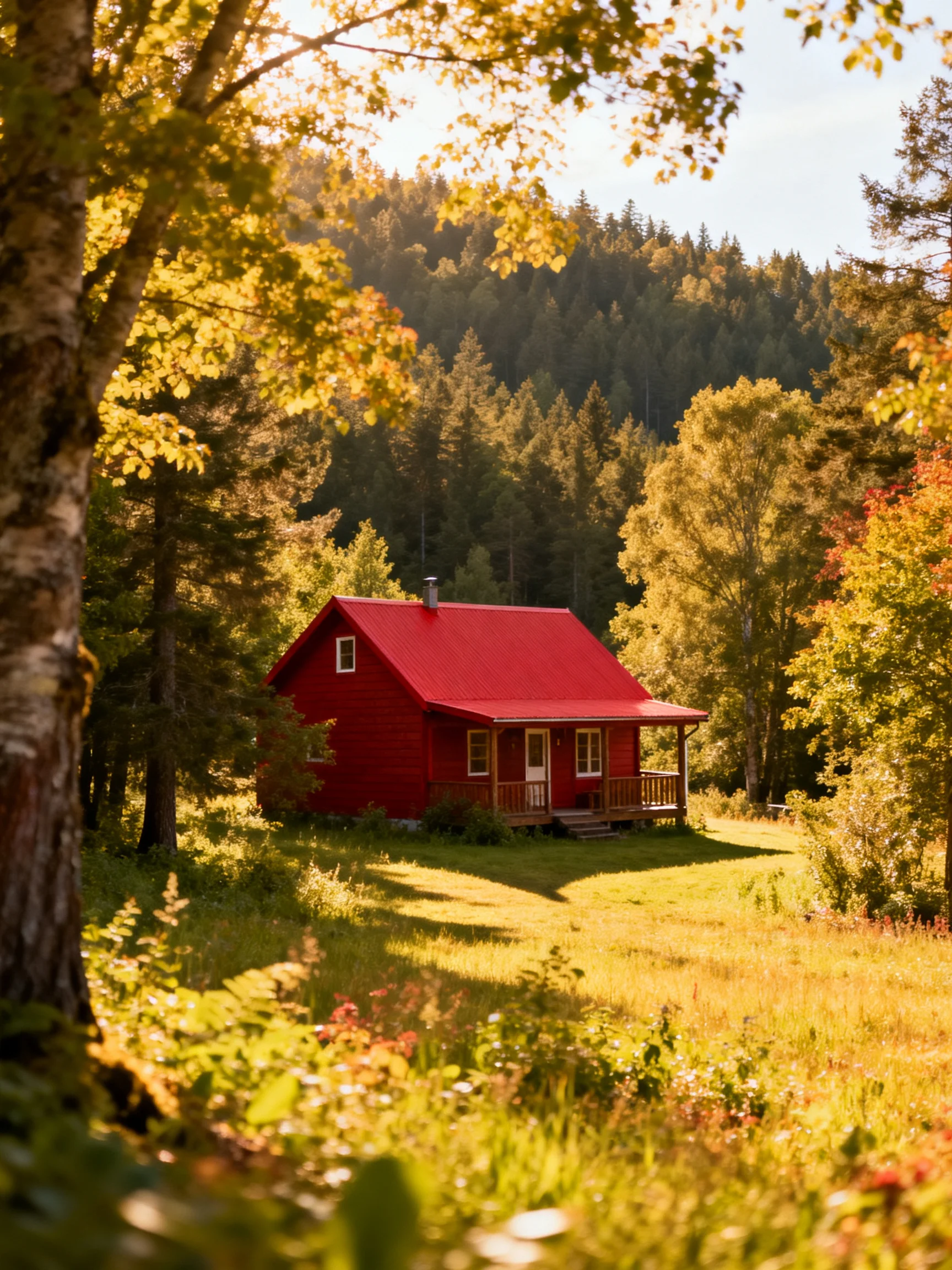 A vibrant red cabin nestled among golden autumn trees