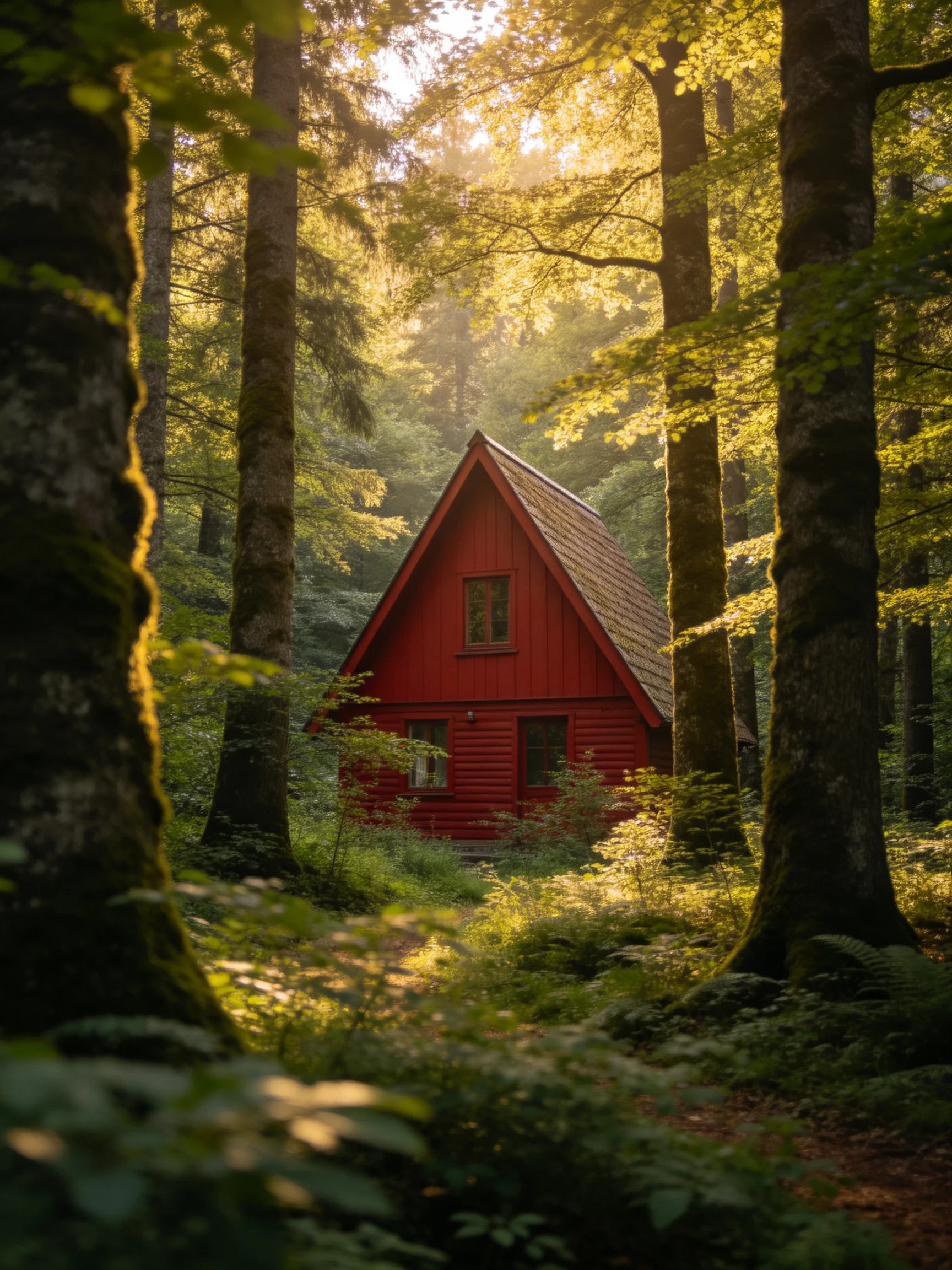 A vibrant red cabin nestled among tall green trees in golden sunlight