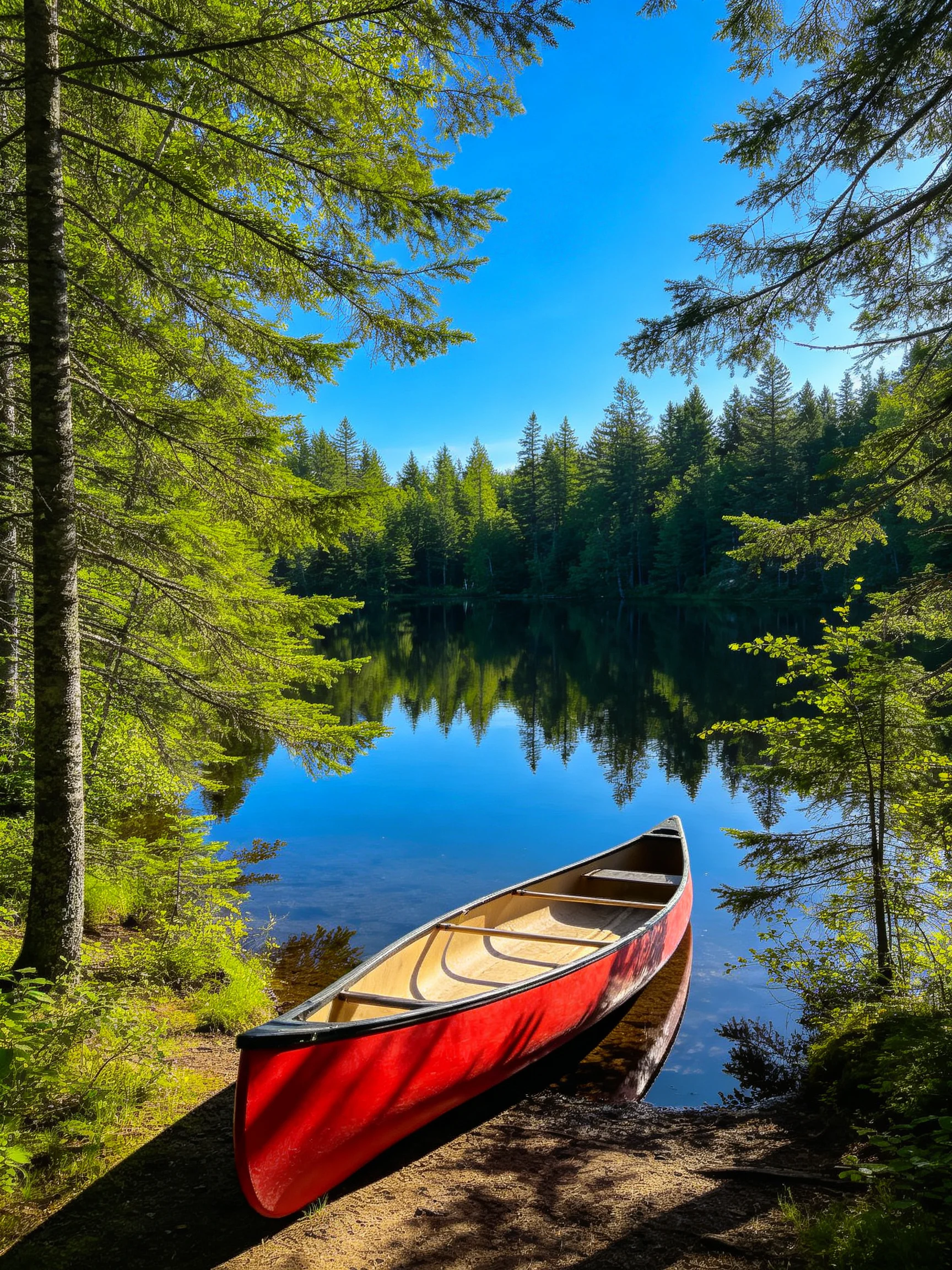 A vibrant red canoe rests beside a calm forest lake