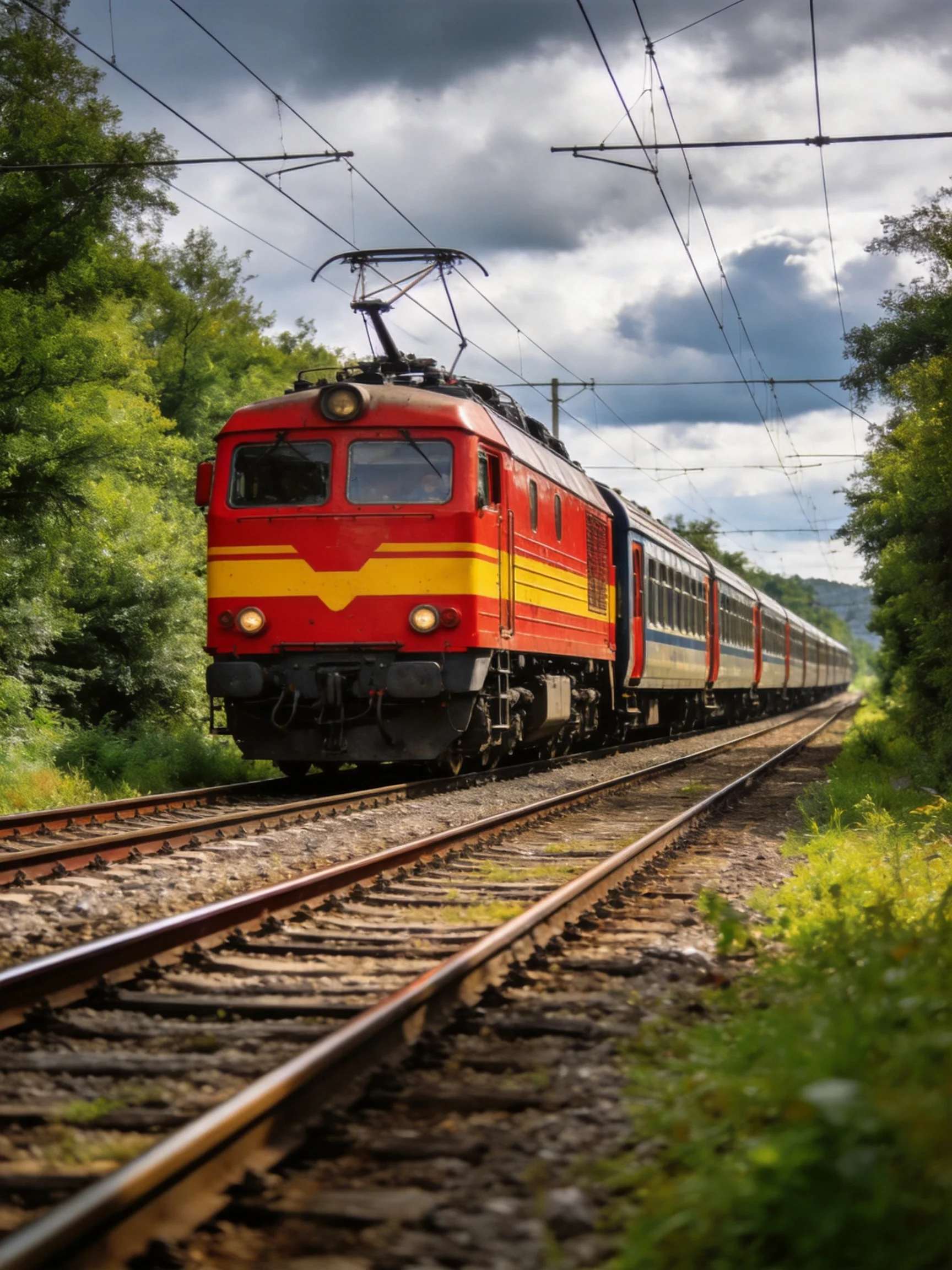 A vibrant red electric locomotive pulls passenger cars along steel tracks