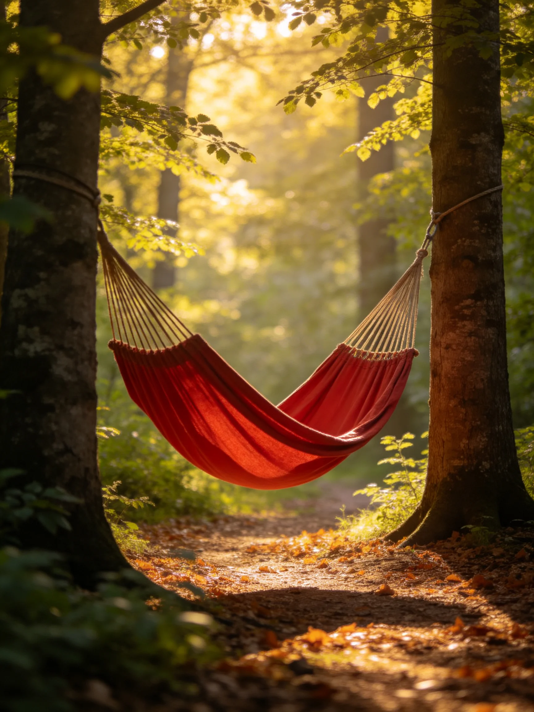 A vibrant red hammock suspended between two trees in a sun-dappled forest