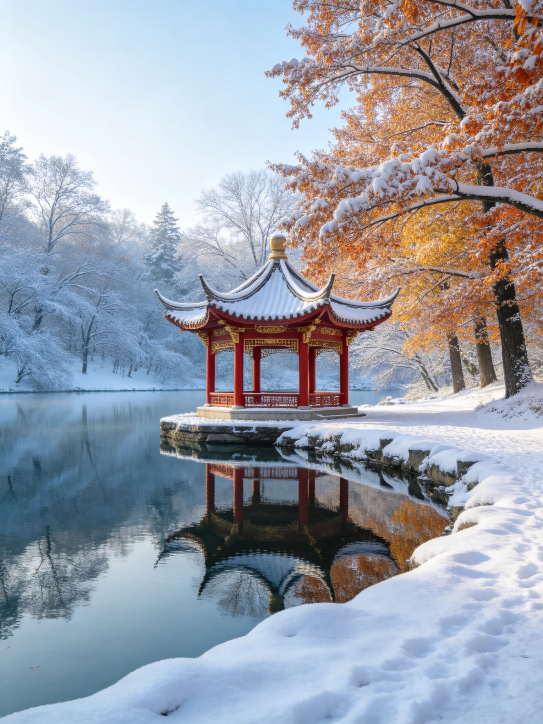 A vibrant red pagoda on a snow-draped lakeside with autumn trees