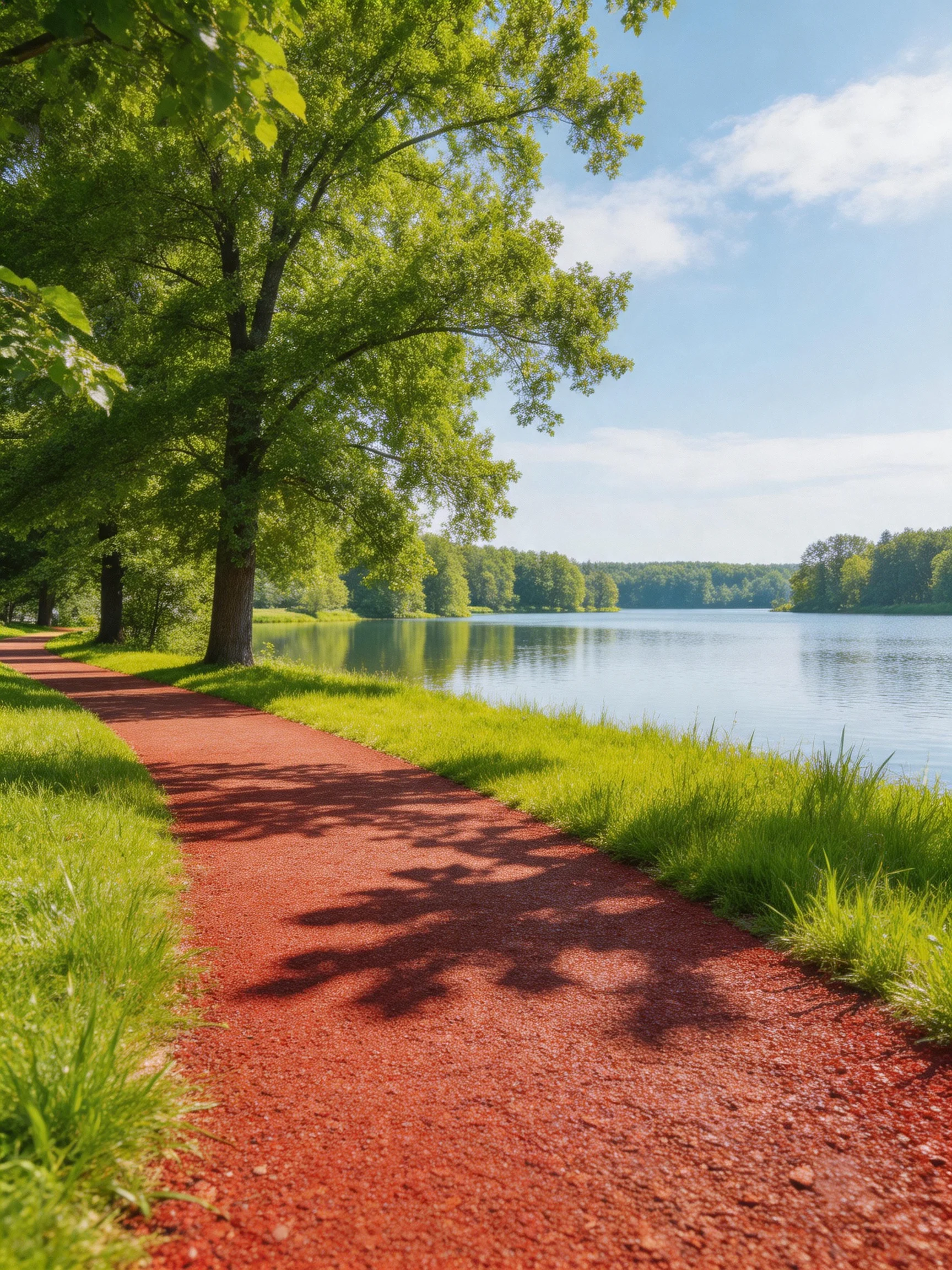 A vibrant red pathway winds beside a calm blue lake under lush green trees