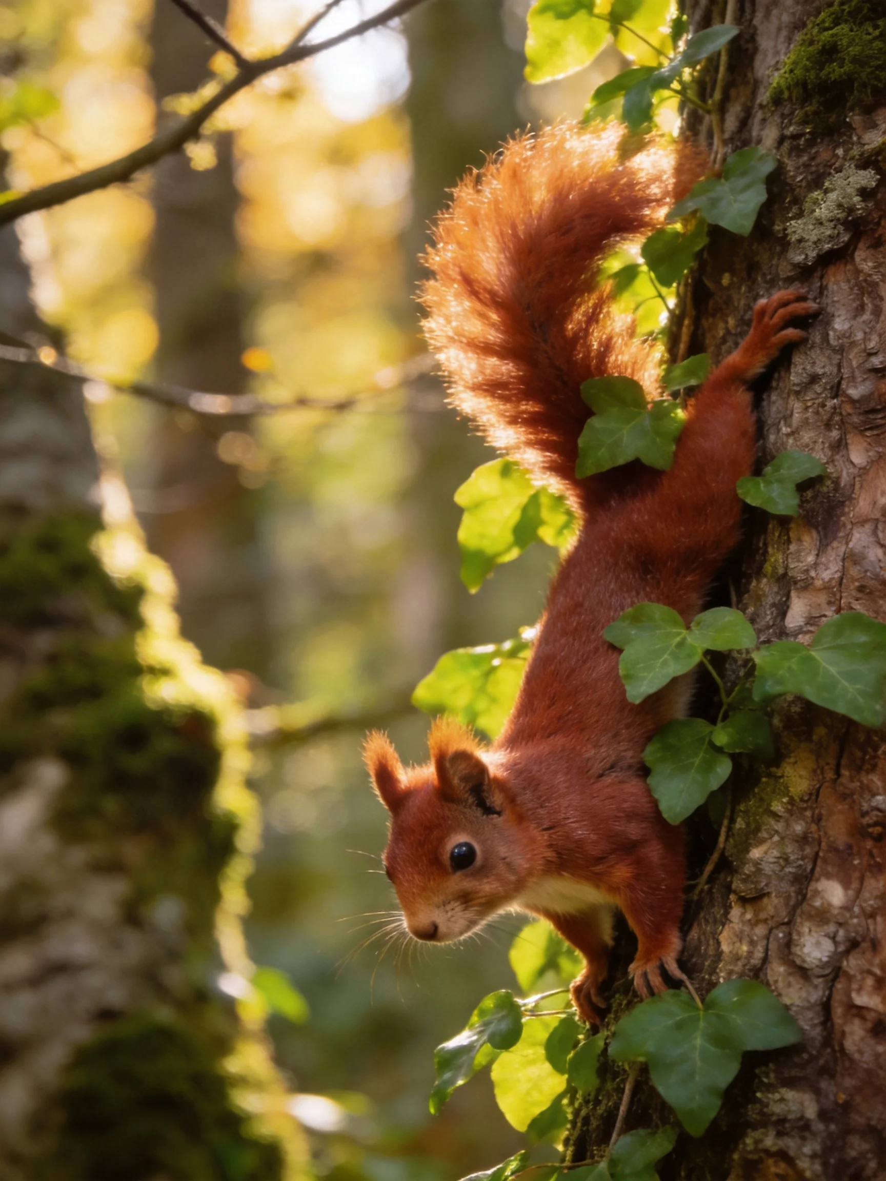 A vibrant red squirrel climbs a mossy tree trunk in a sunlit forest