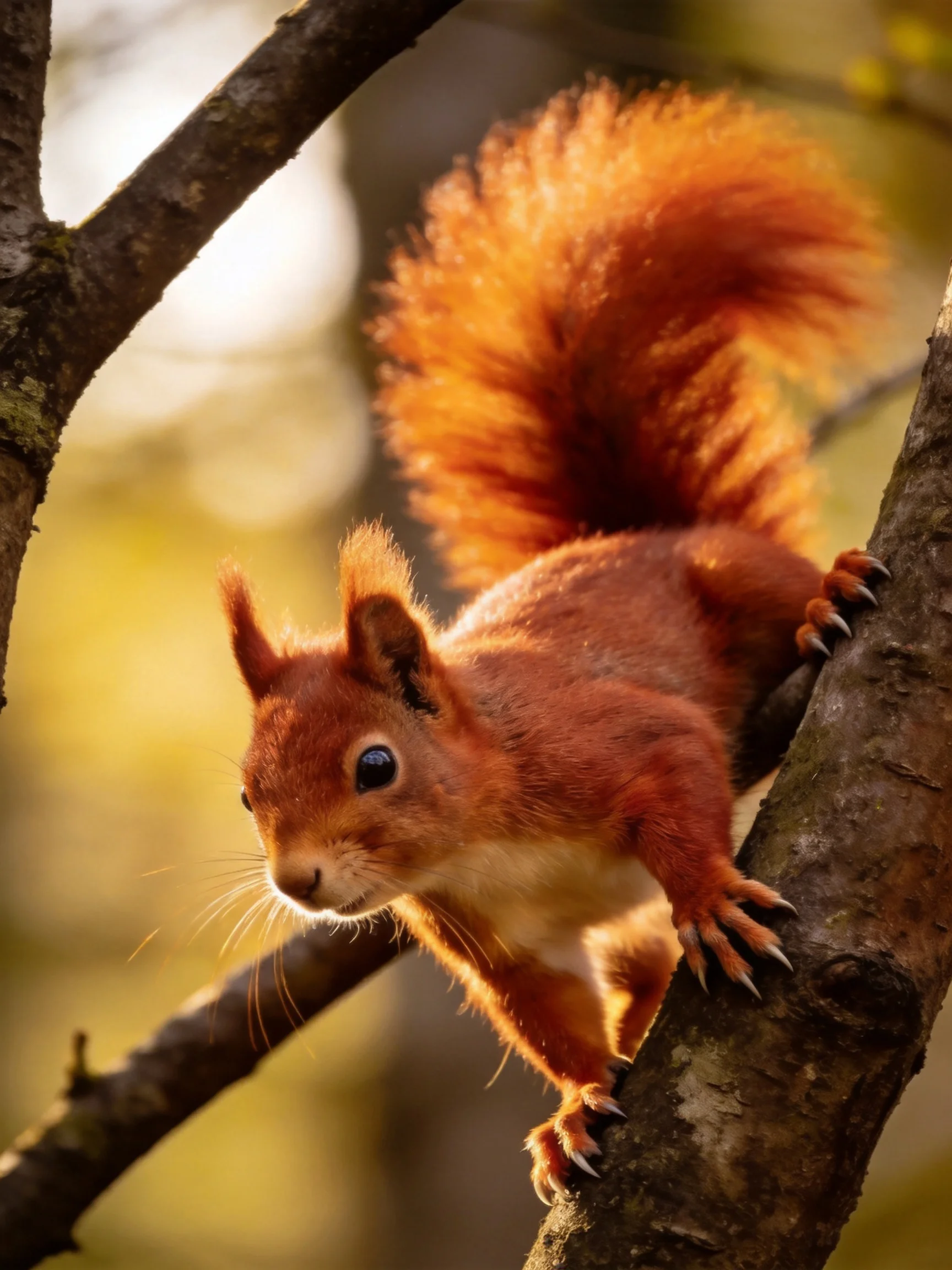 A vibrant red squirrel climbs a tree branch under golden sunlight