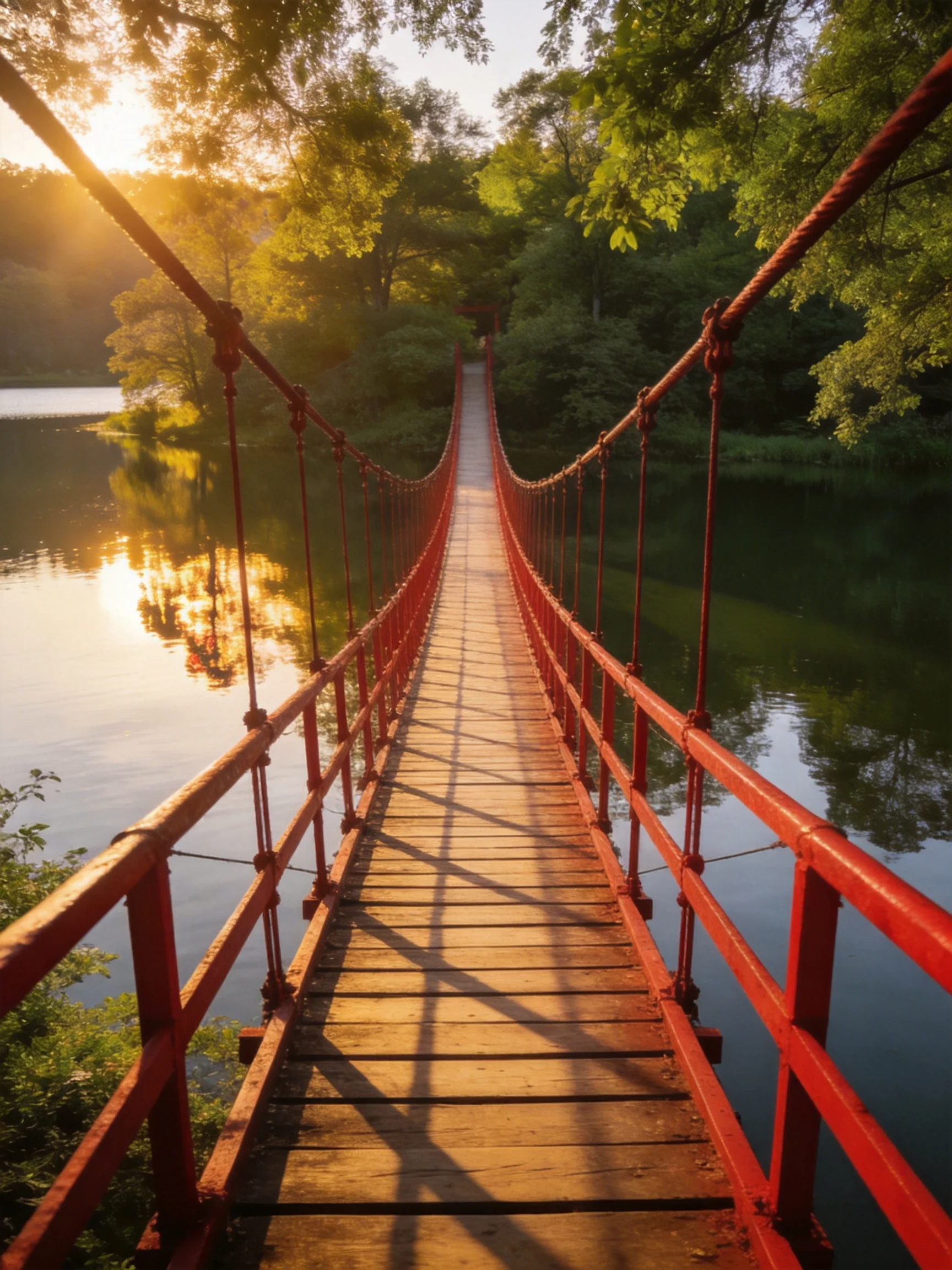 A vibrant red suspension bridge spans calm waters amid lush greenery.