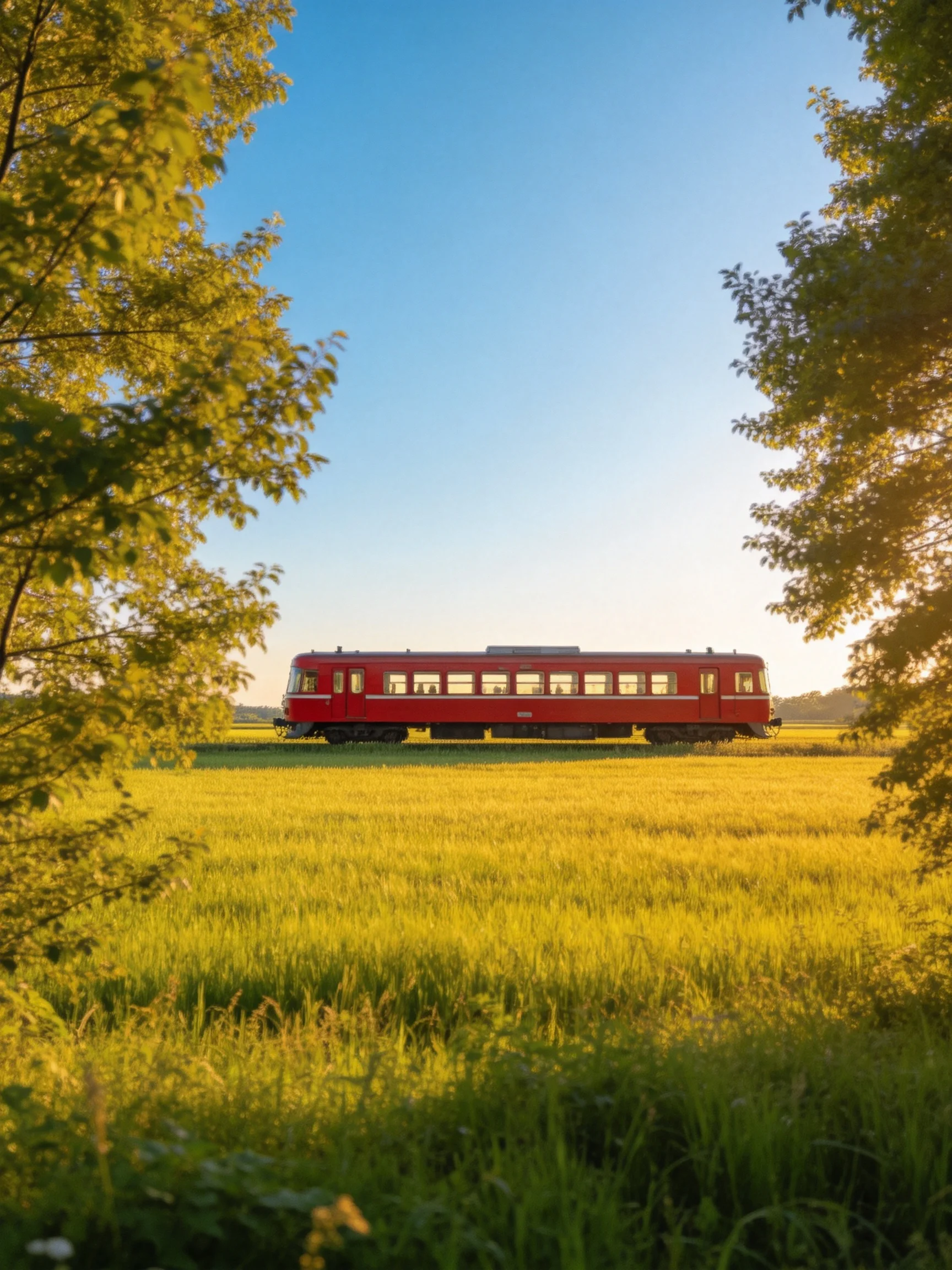 A vibrant red train travels through a golden-green meadow
