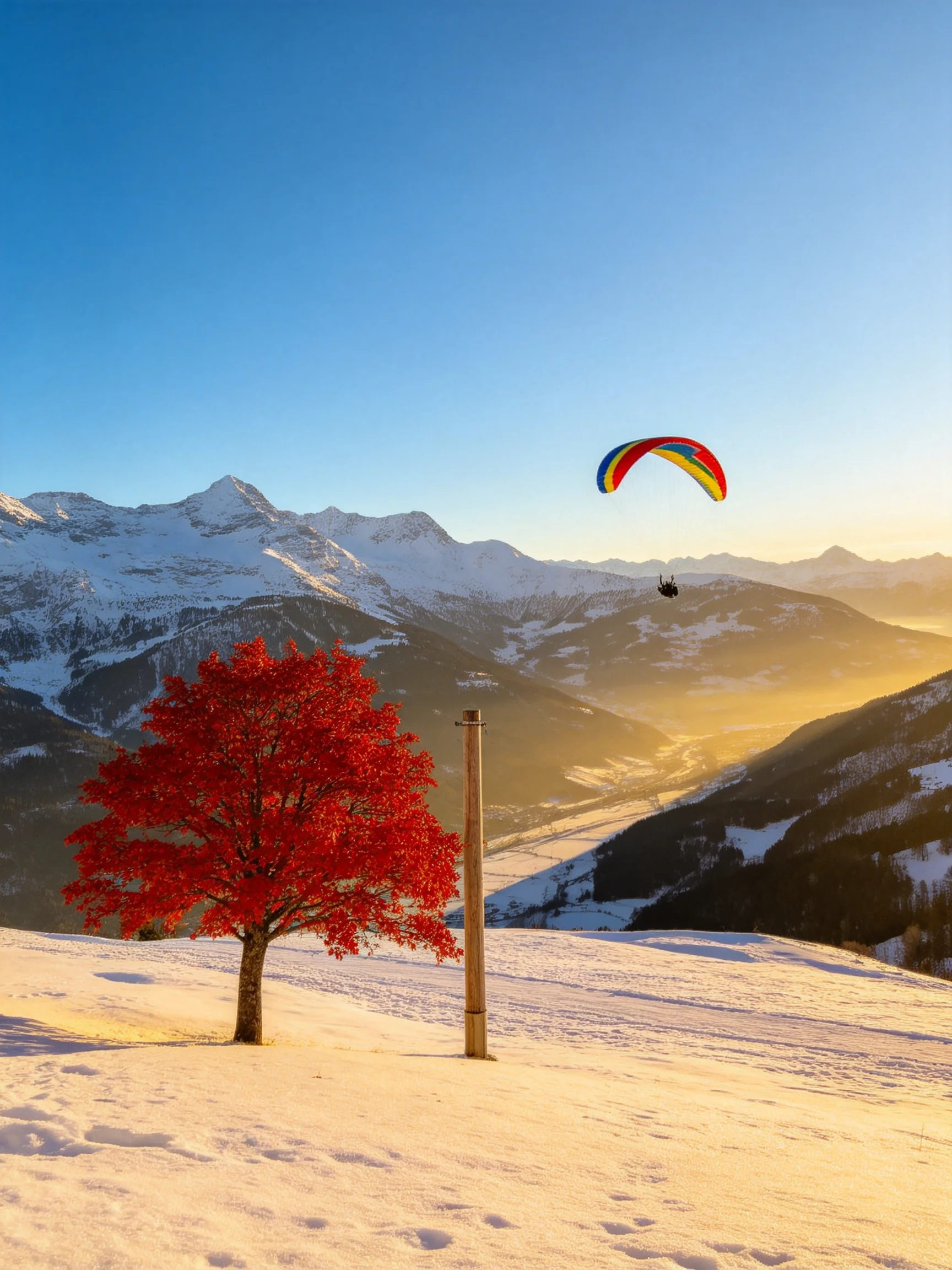 A vibrant red tree on snow - covered slope with colorful paraglider over mountain peaks