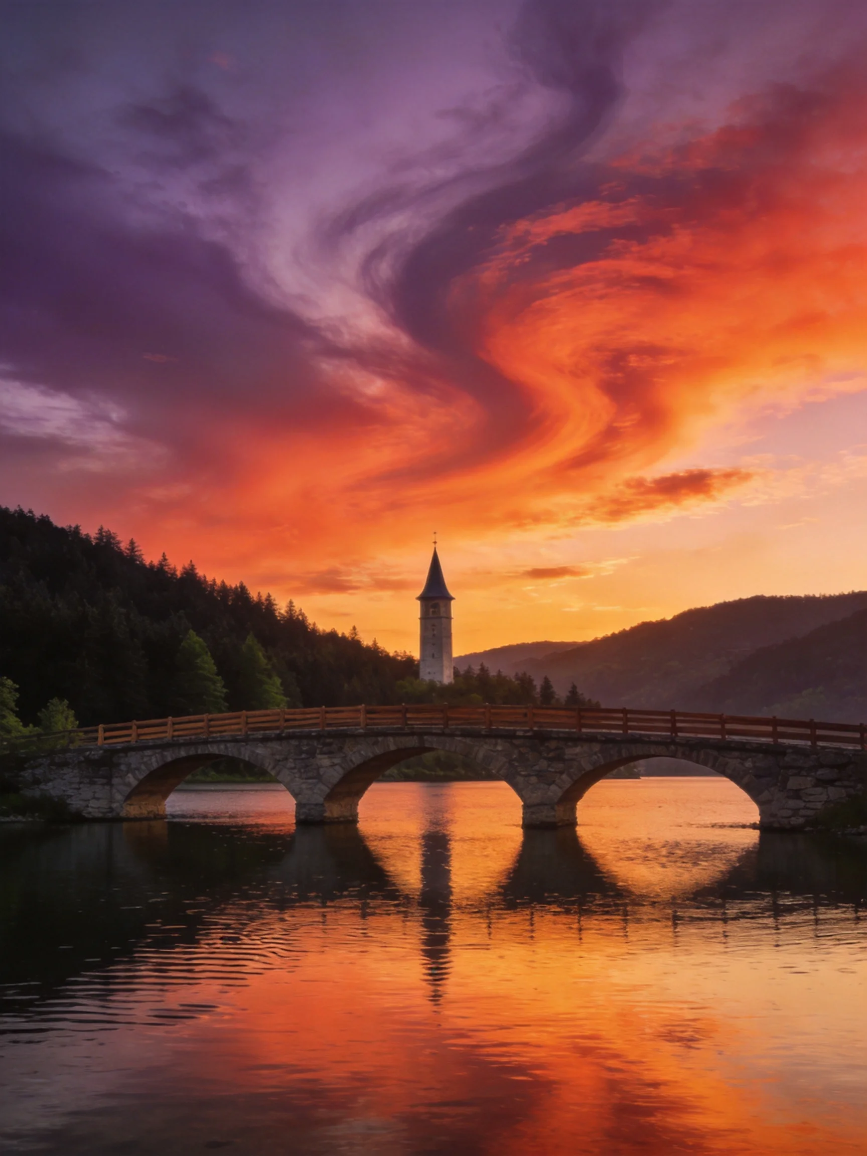A vibrant sunset over a stone bridge with a tower reflected in calm waters
