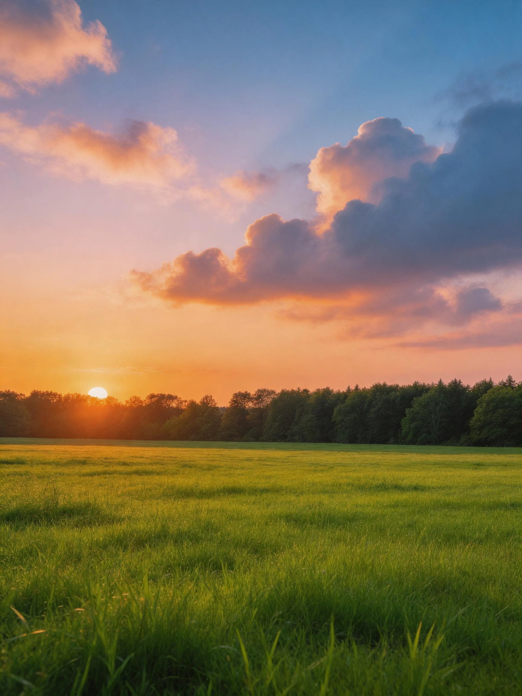 A vibrant sunset over a vast green meadow near forest