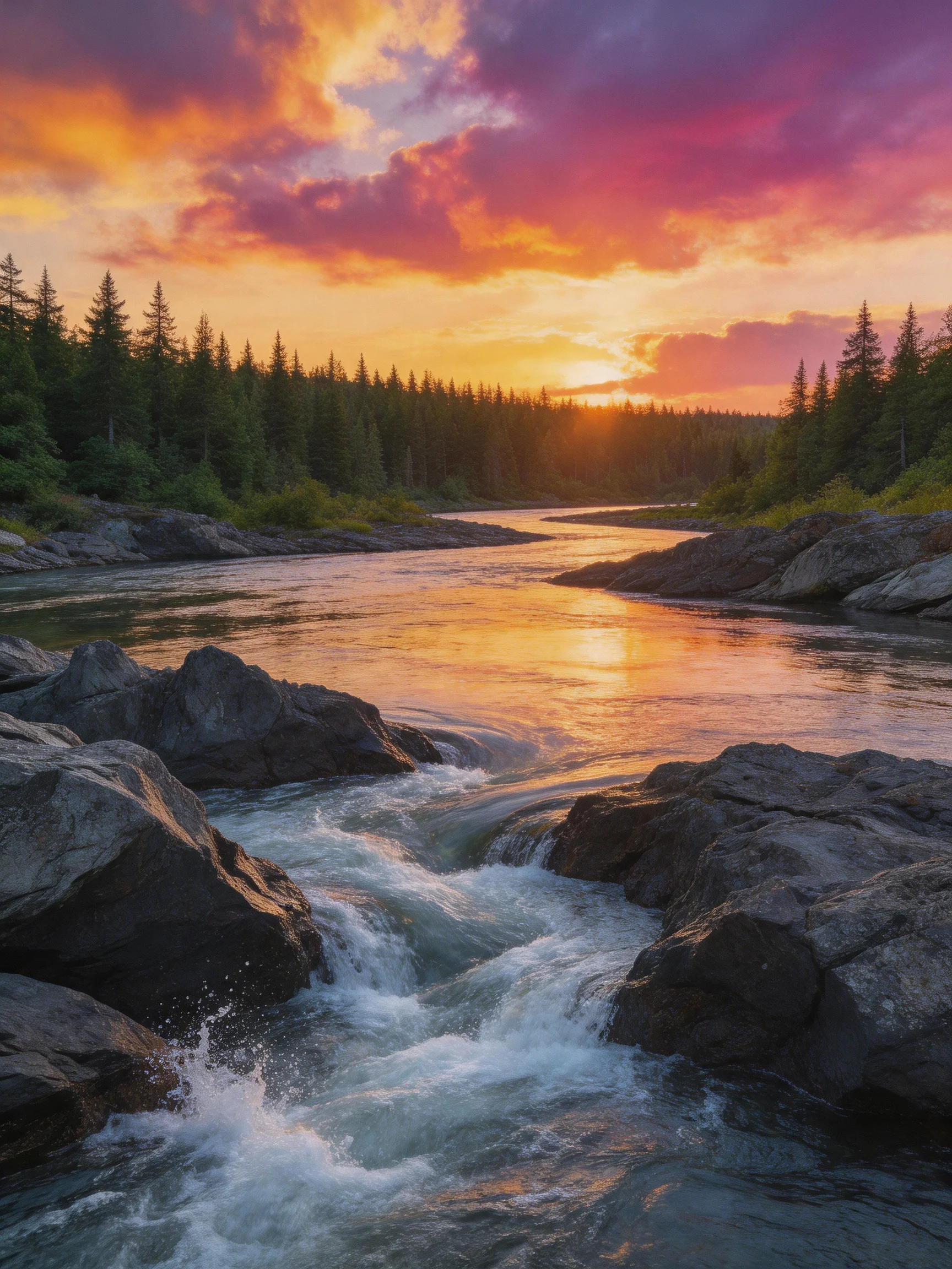 A vibrant sunset over a winding river with rocky rapids