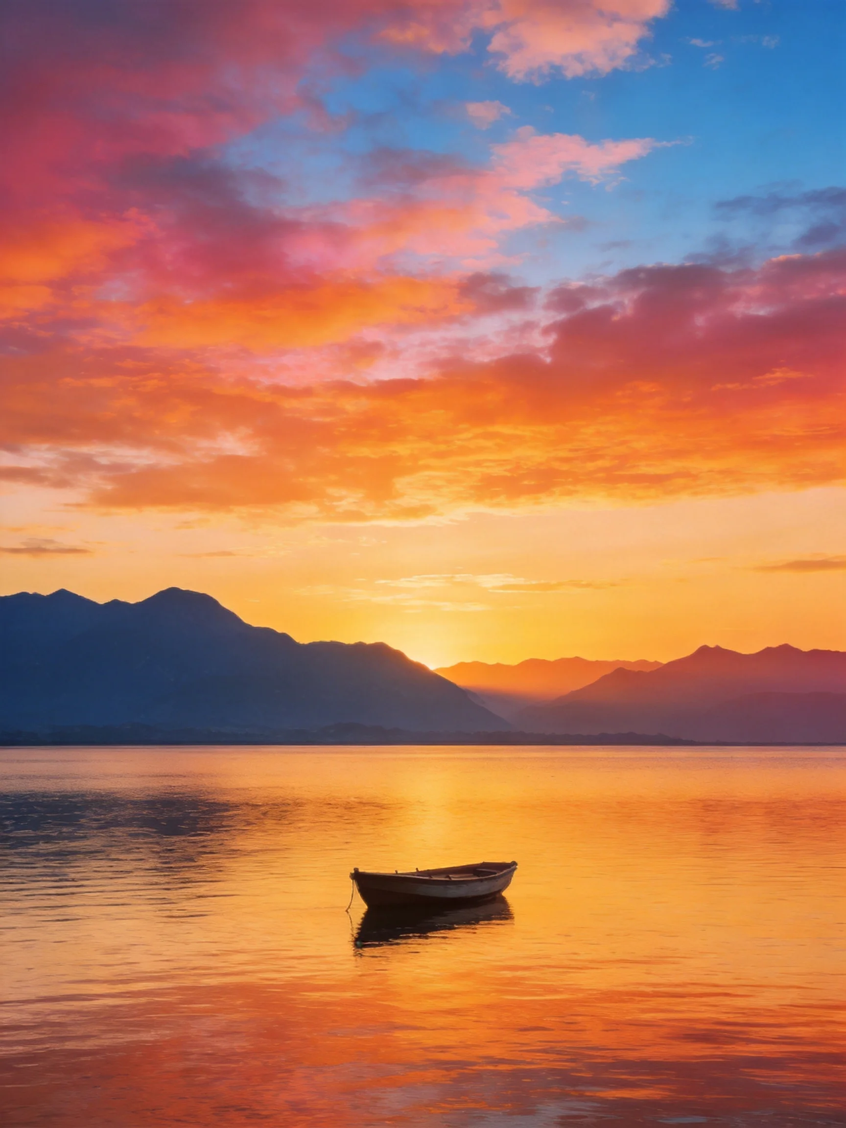 A vibrant sunset over calm waters with distant mountains and a small boat