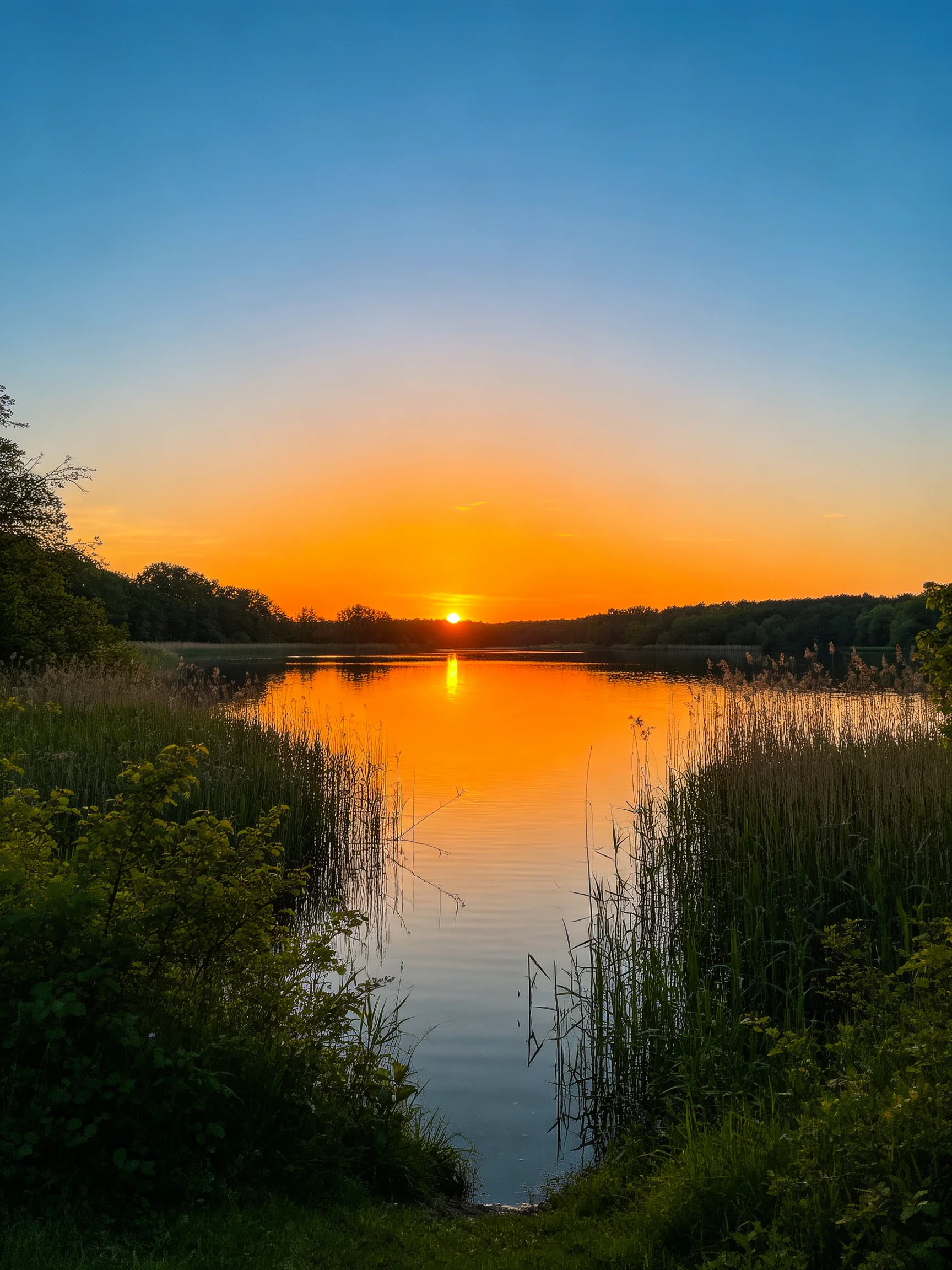 A vibrant sunset reflects over a calm lake bordered by tall reeds and dense foliage.