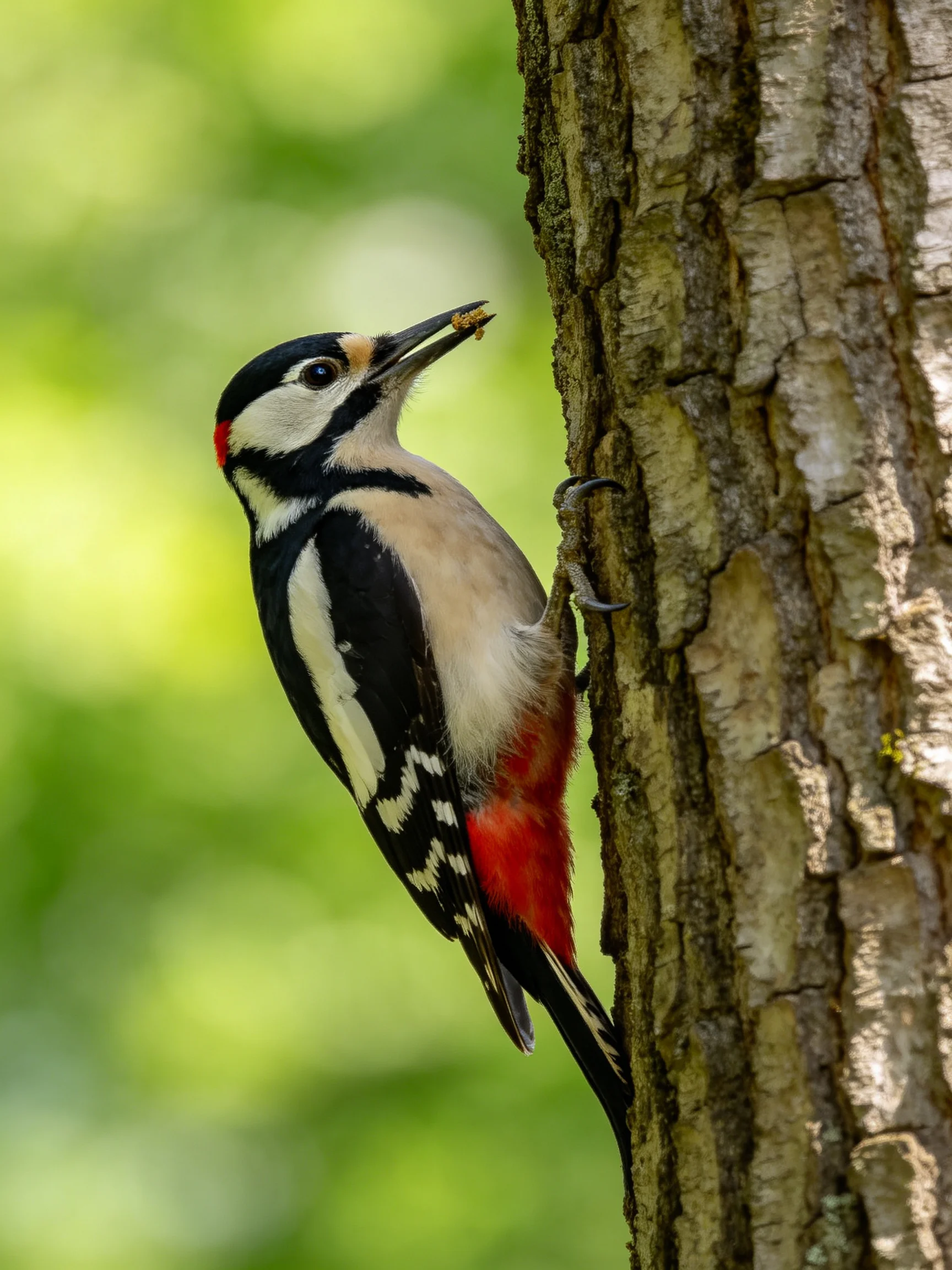 A vibrantly colored woodpecker clinging to a textured tree trunk with food