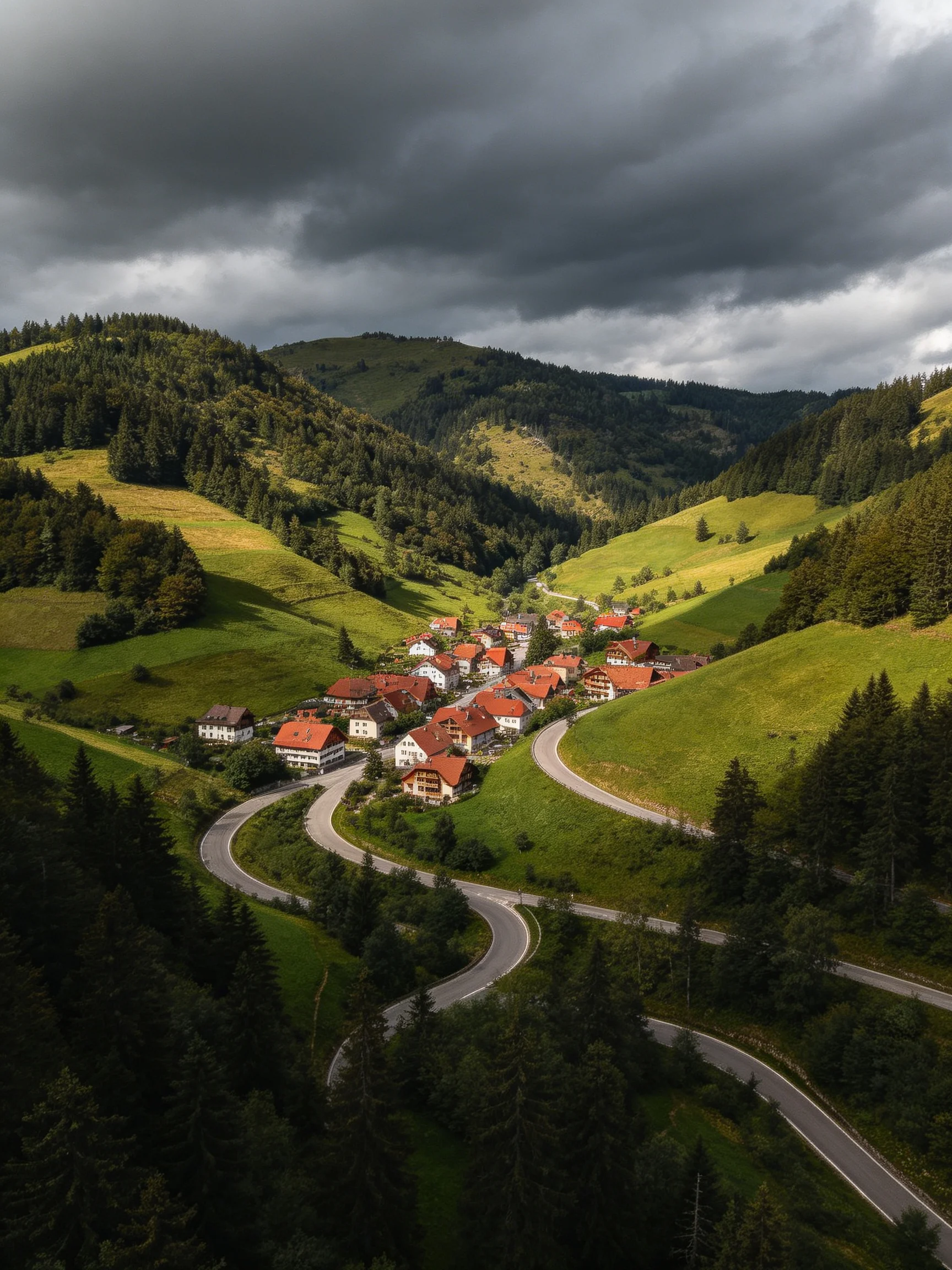 A village nestled among lush green hills with winding roads and dark stormy skies