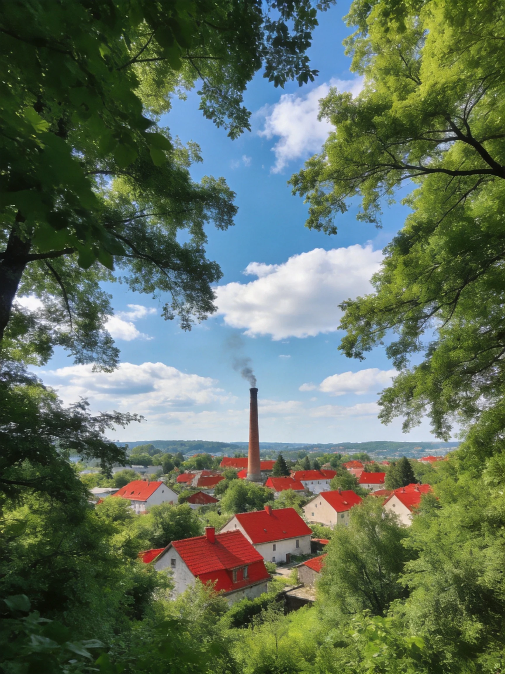 A village with red-roofed homes, a tall chimney, and lush green trees