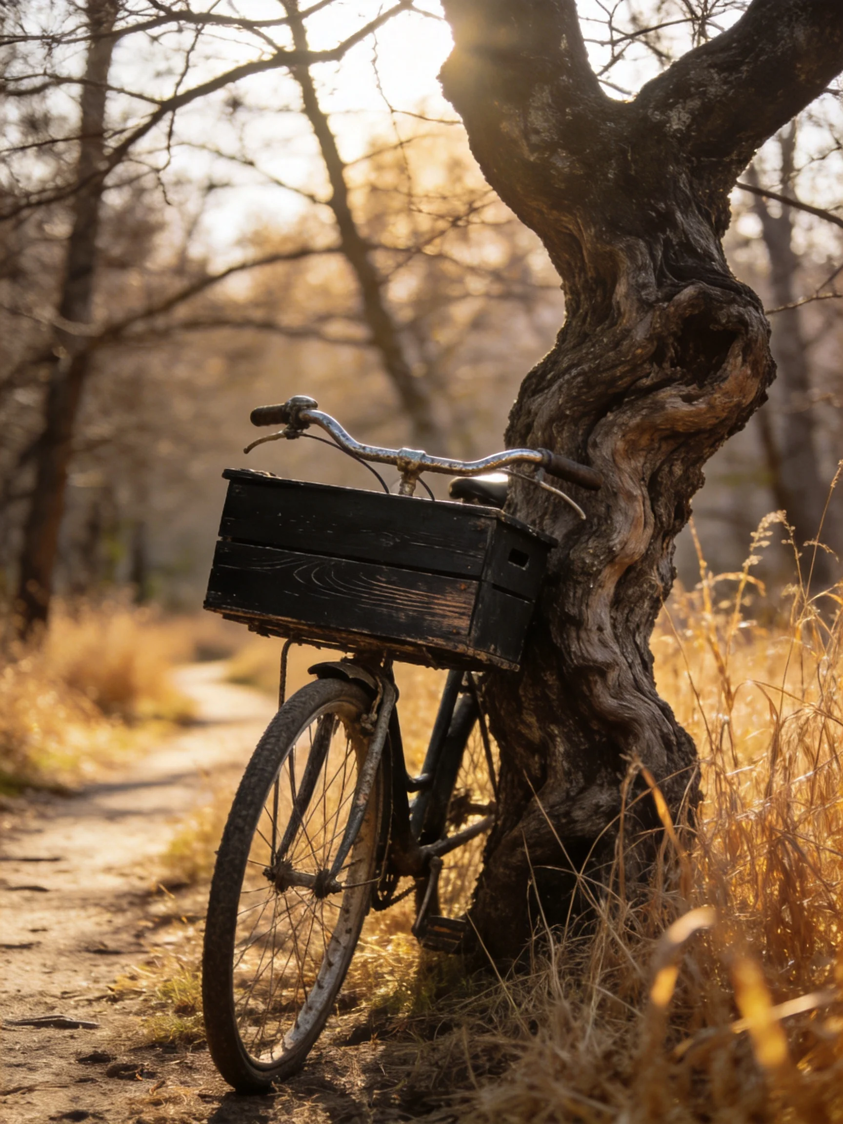 A vintage bicycle with a black crate rests near a gnarled tree in golden forest terrain.