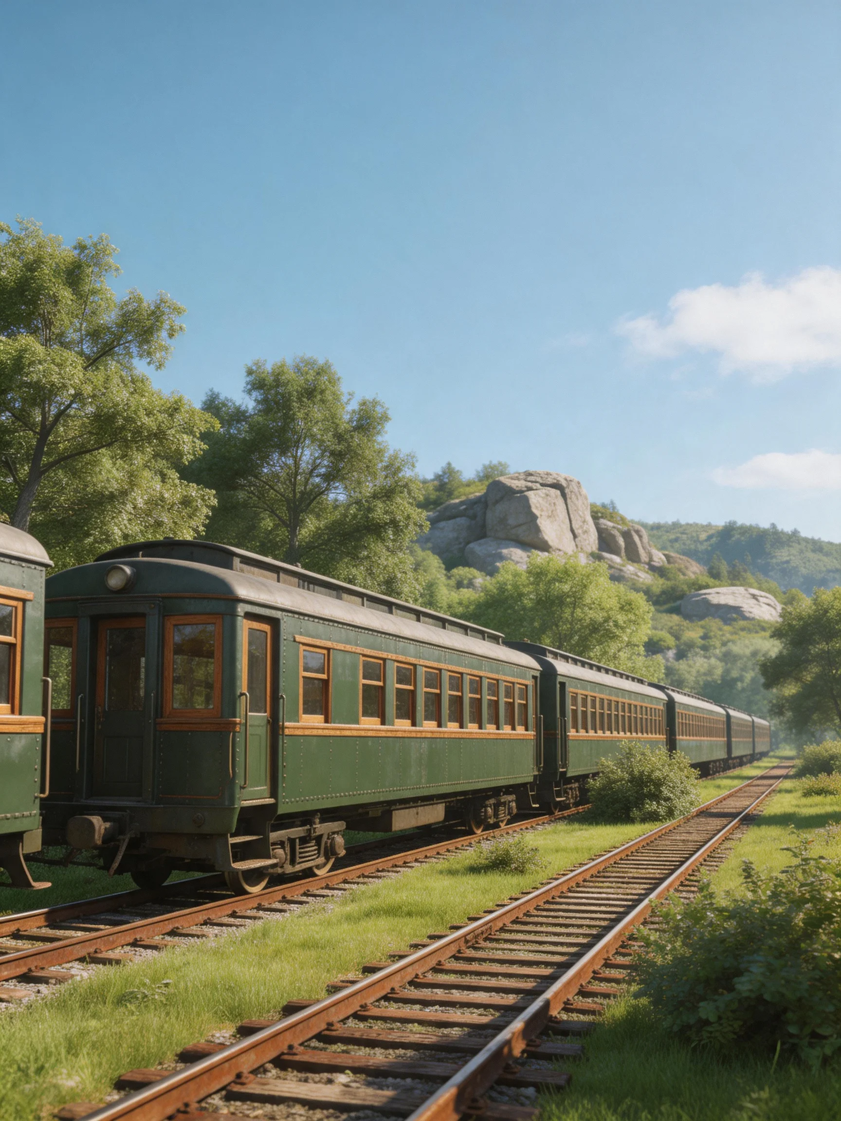A vintage green passenger train on rusted tracks near rocky hills