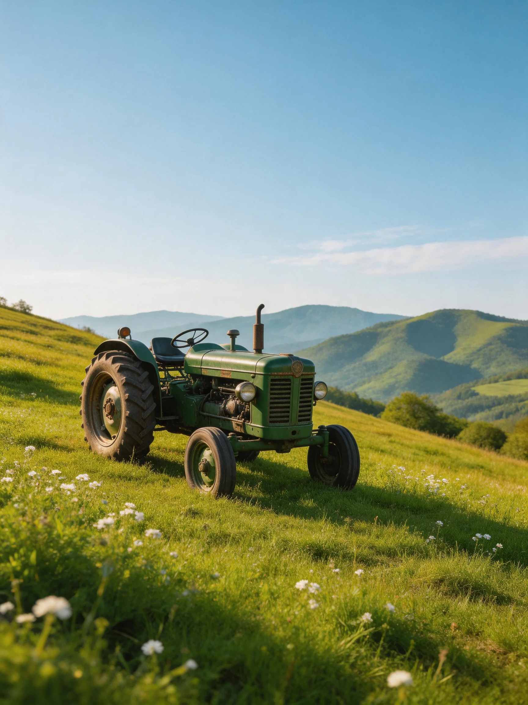 A vintage green tractor sits on a lush grassy hillside with distant mountains