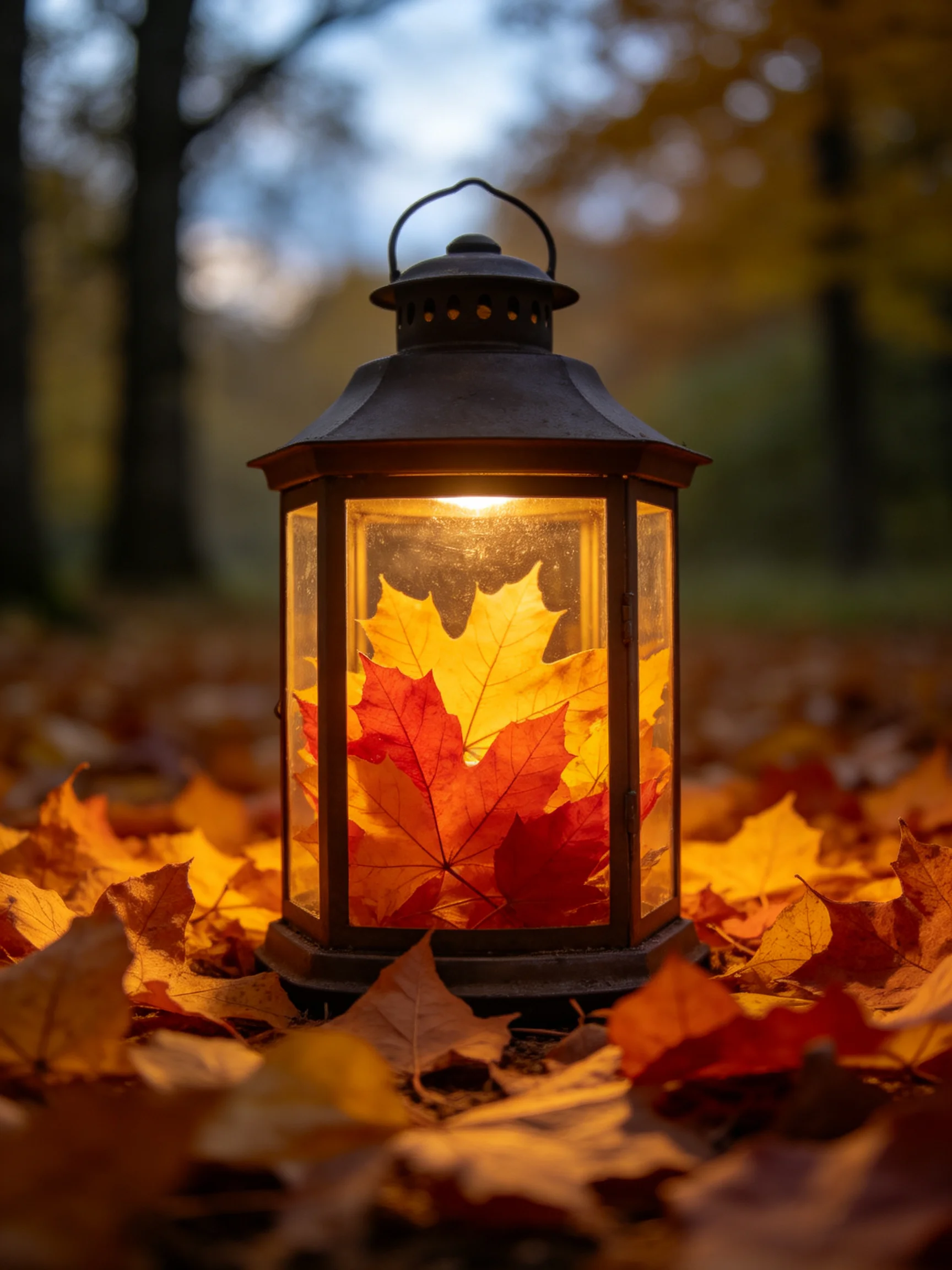 A vintage lantern holds golden and crimson maple leaves